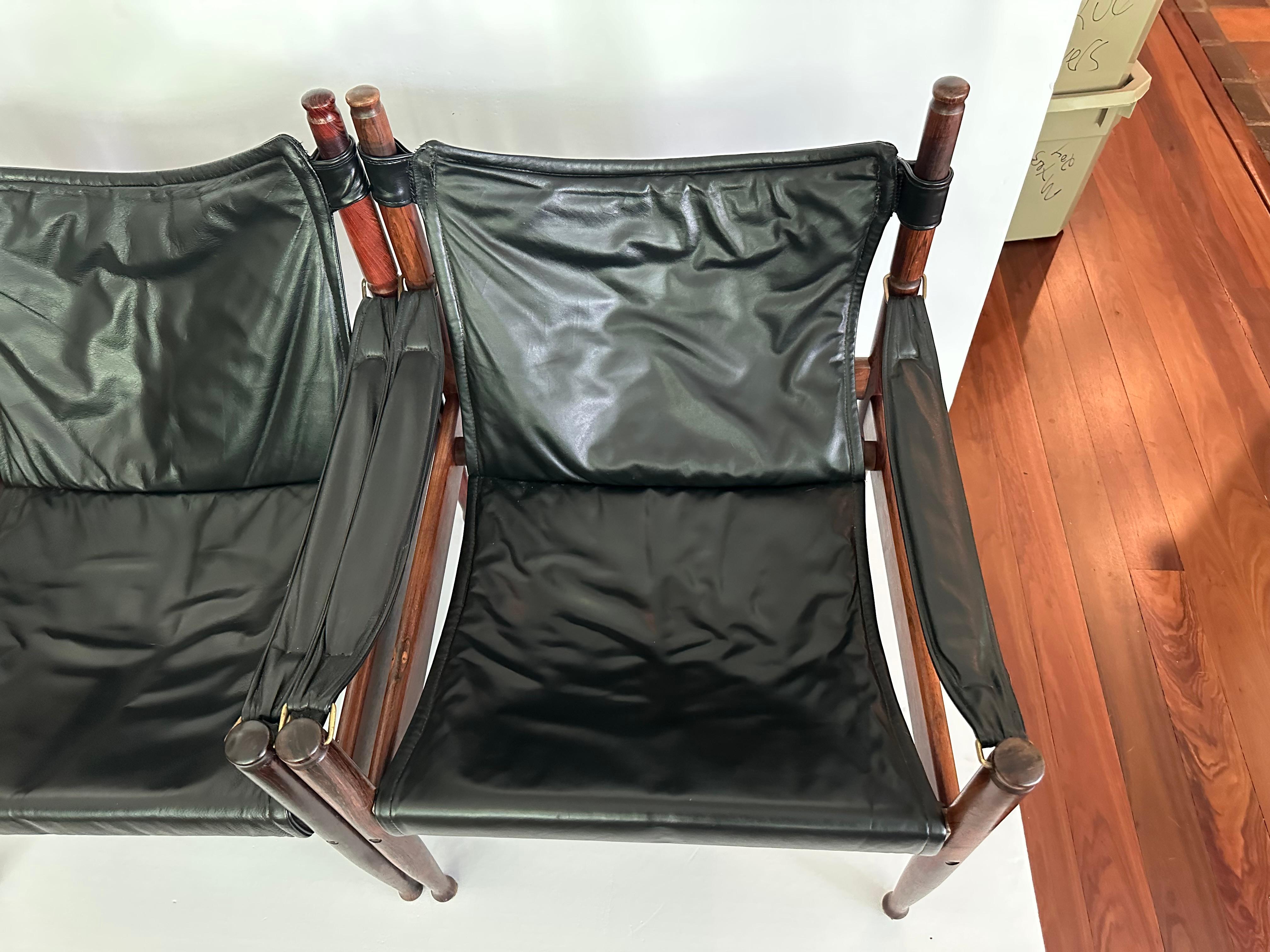 Danish Erik Wørts Set of Two Safari Lounge Chairs in Rosewood and Black Leather