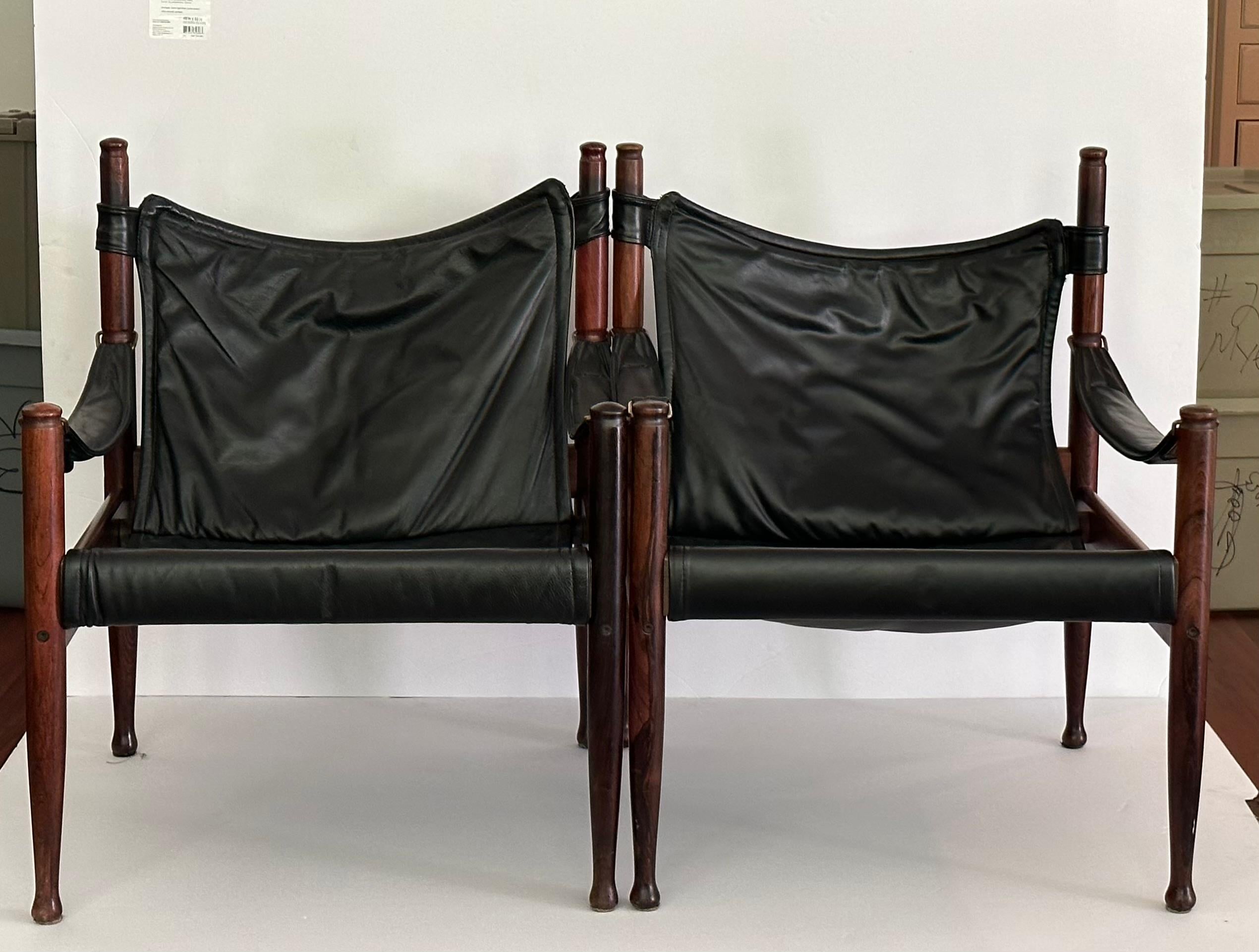 Erik Wørts Set of Two Safari Lounge Chairs in Rosewood and Black Leather 1