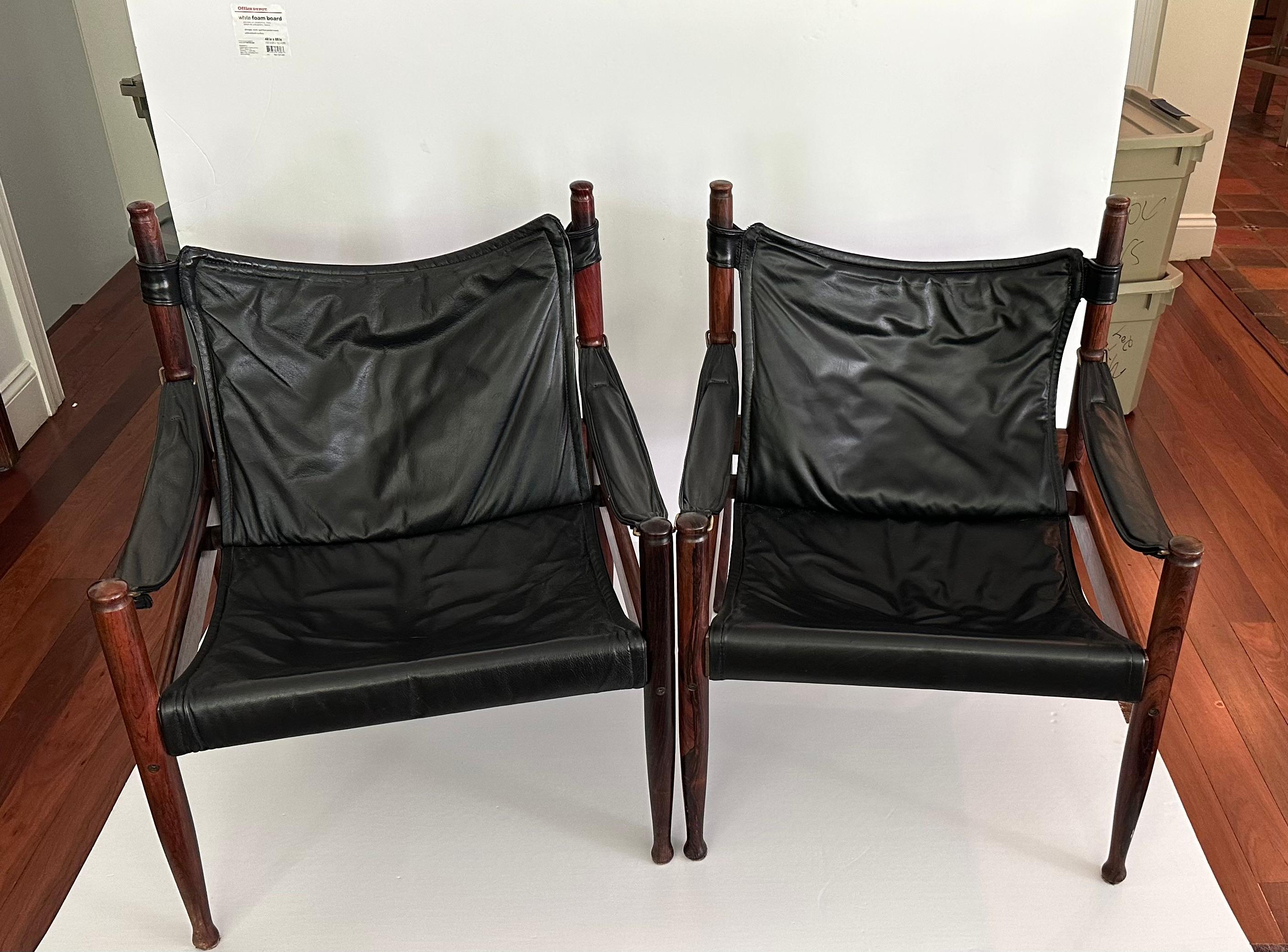 Erik Wørts Set of Two Safari Lounge Chairs in Rosewood and Black Leather 2