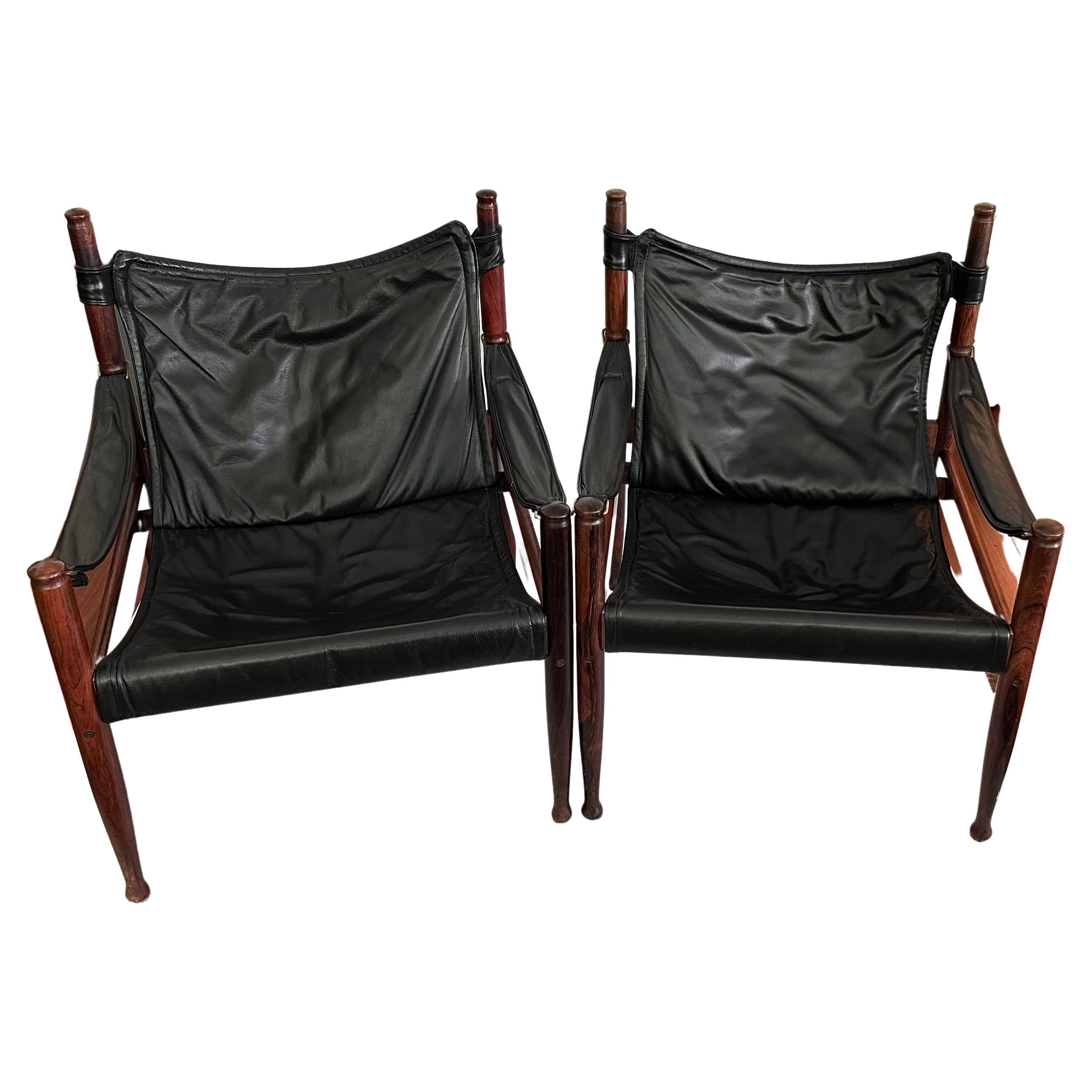 Erik Wørts Set of Two Safari Lounge Chairs in Rosewood and Black Leather