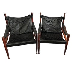 Erik Wørts Ensemble de deux chaises longues Safari en bois de rose et cuir noir