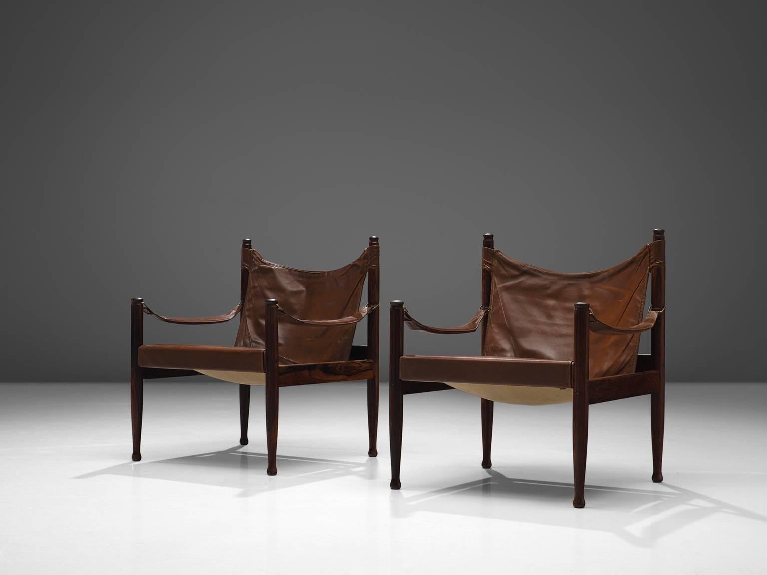 Scandinavian Modern Erik Wørts Set of Two Safari Lounge Chairs in Rosewood and Brown Leather