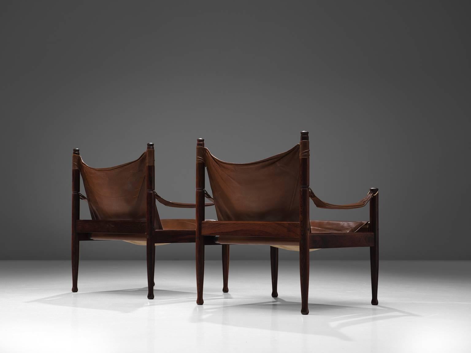 Danish Erik Wørts Set of Two Safari Lounge Chairs in Rosewood and Brown Leather