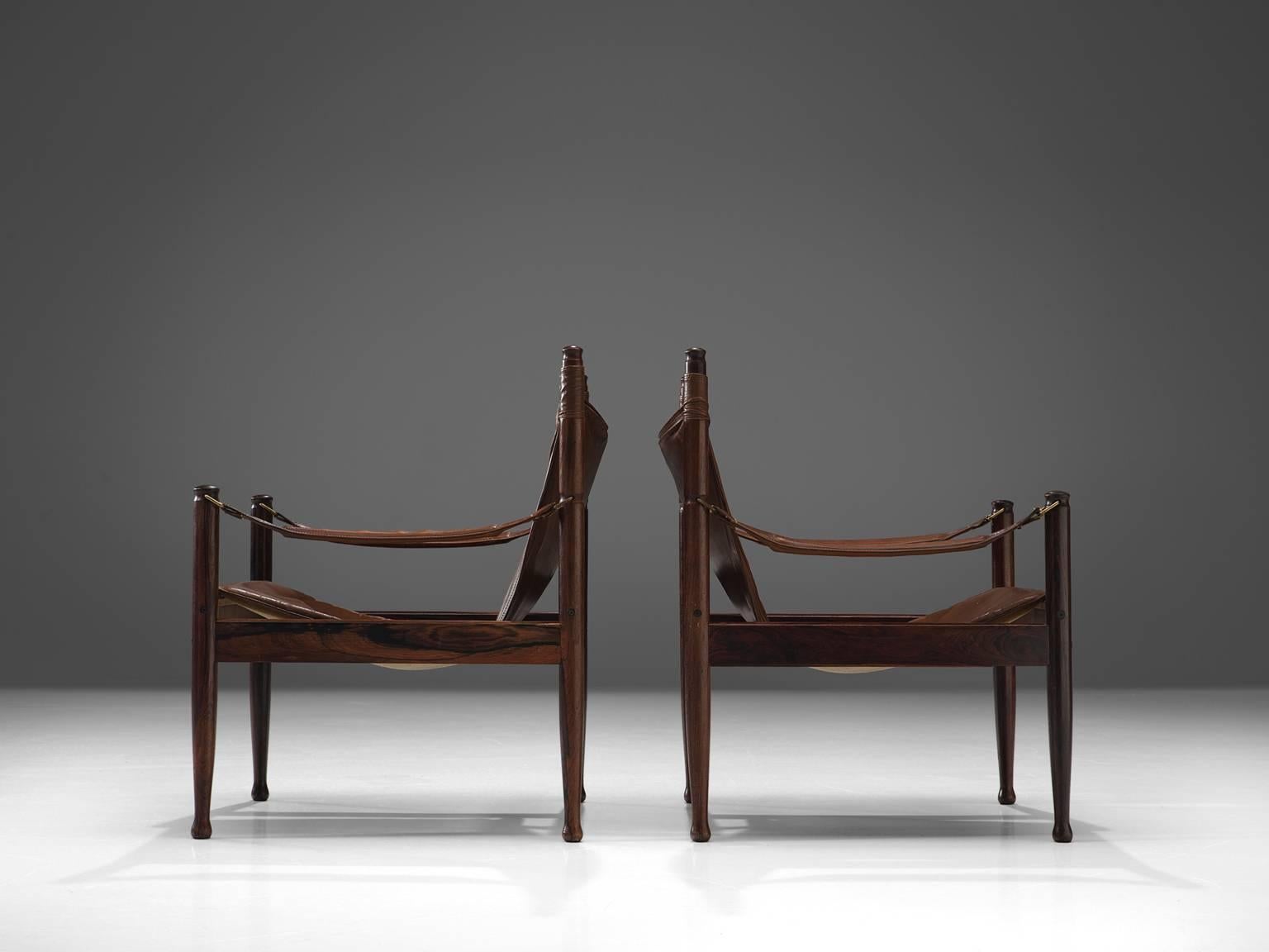 Erik Wørts Set of Two Safari Lounge Chairs in Rosewood and Brown Leather In Good Condition In Waalwijk, NL