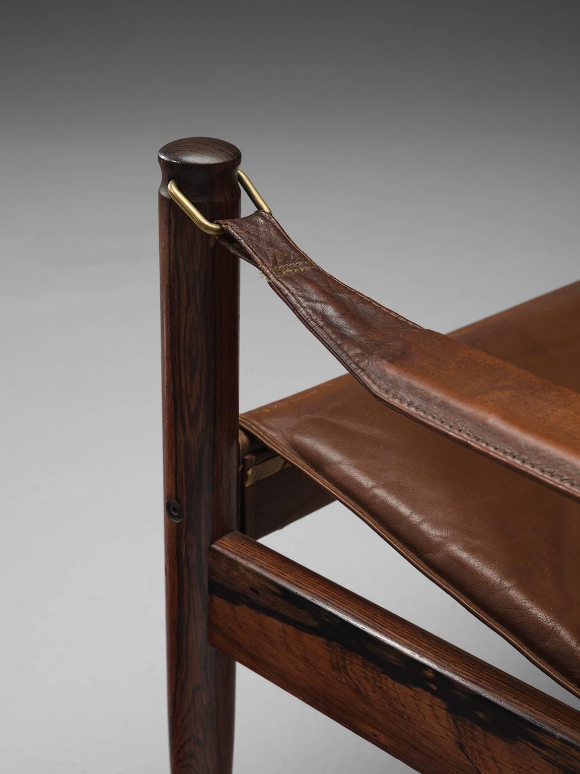 Erik Wørts Set of Two Safari Lounge Chairs in Rosewood and Brown Leather 1
