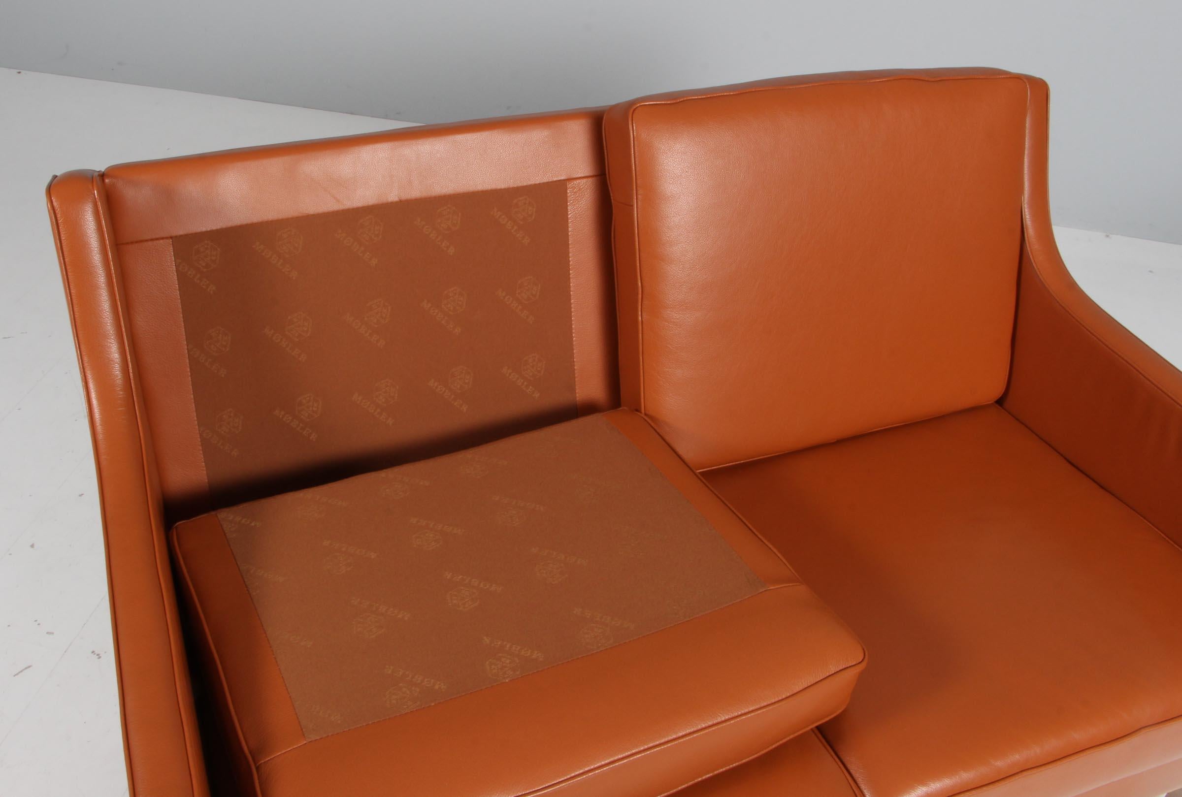 Leather Erik Wørts two seat sofa, cognac leather, oak, Denmark For Sale