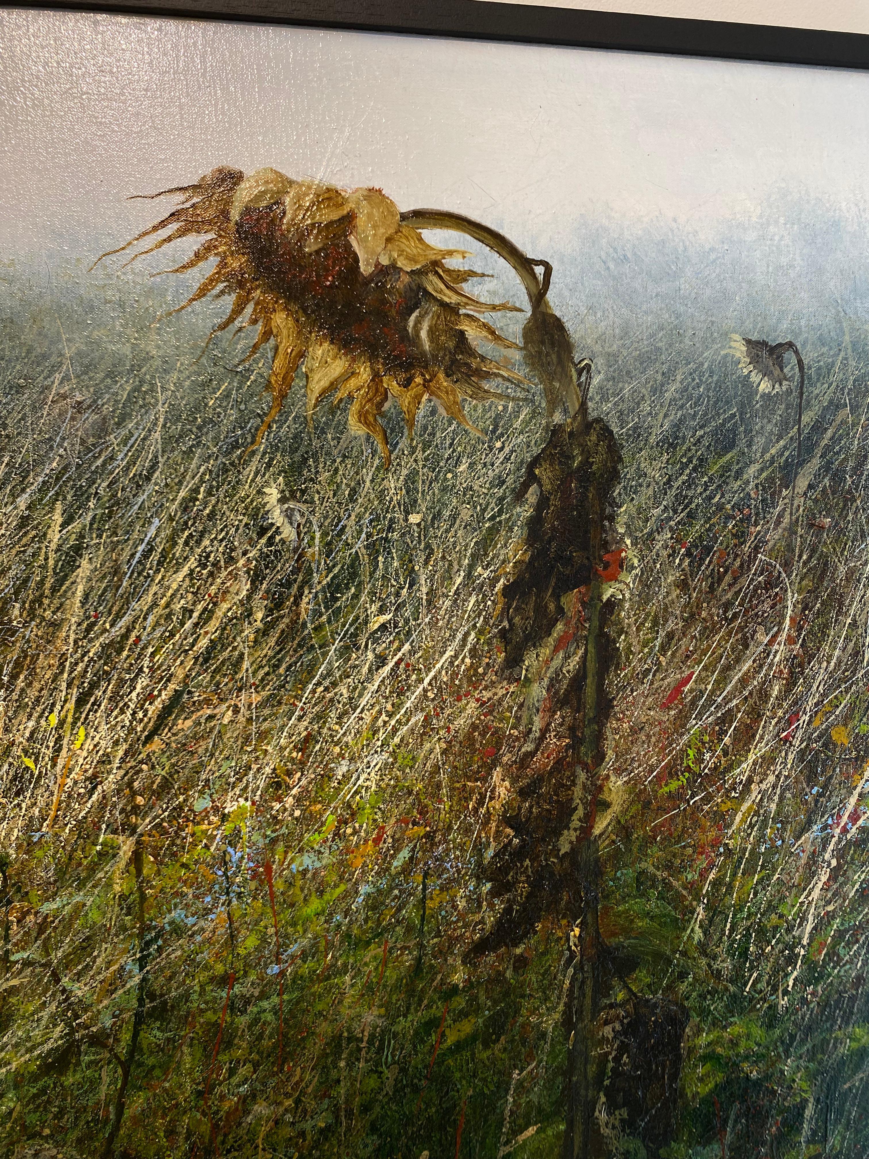 Girasoles marchitos - Cuadro de paisaje contemporáneo del siglo XXI de  Flores - Figurative Painting Marrón de Erik Zwaga