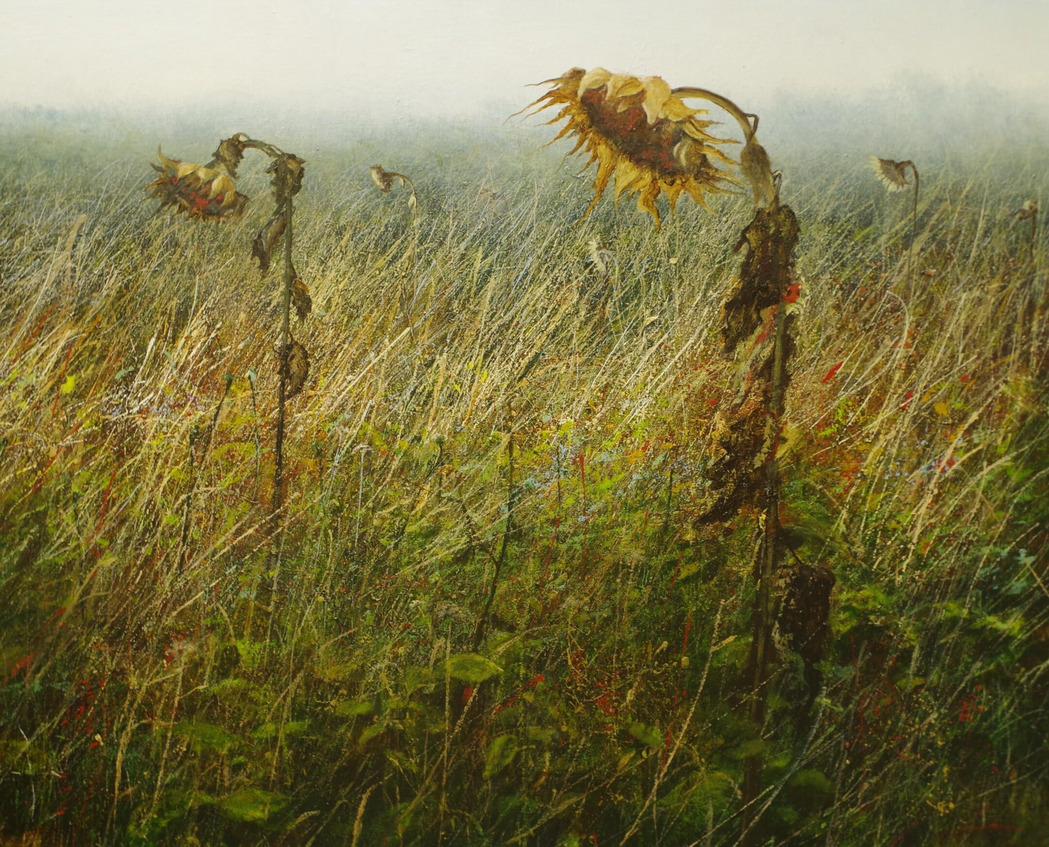 Figurative Painting de Erik Zwaga - Girasoles marchitos - Cuadro de paisaje contemporáneo del siglo XXI de  Flores