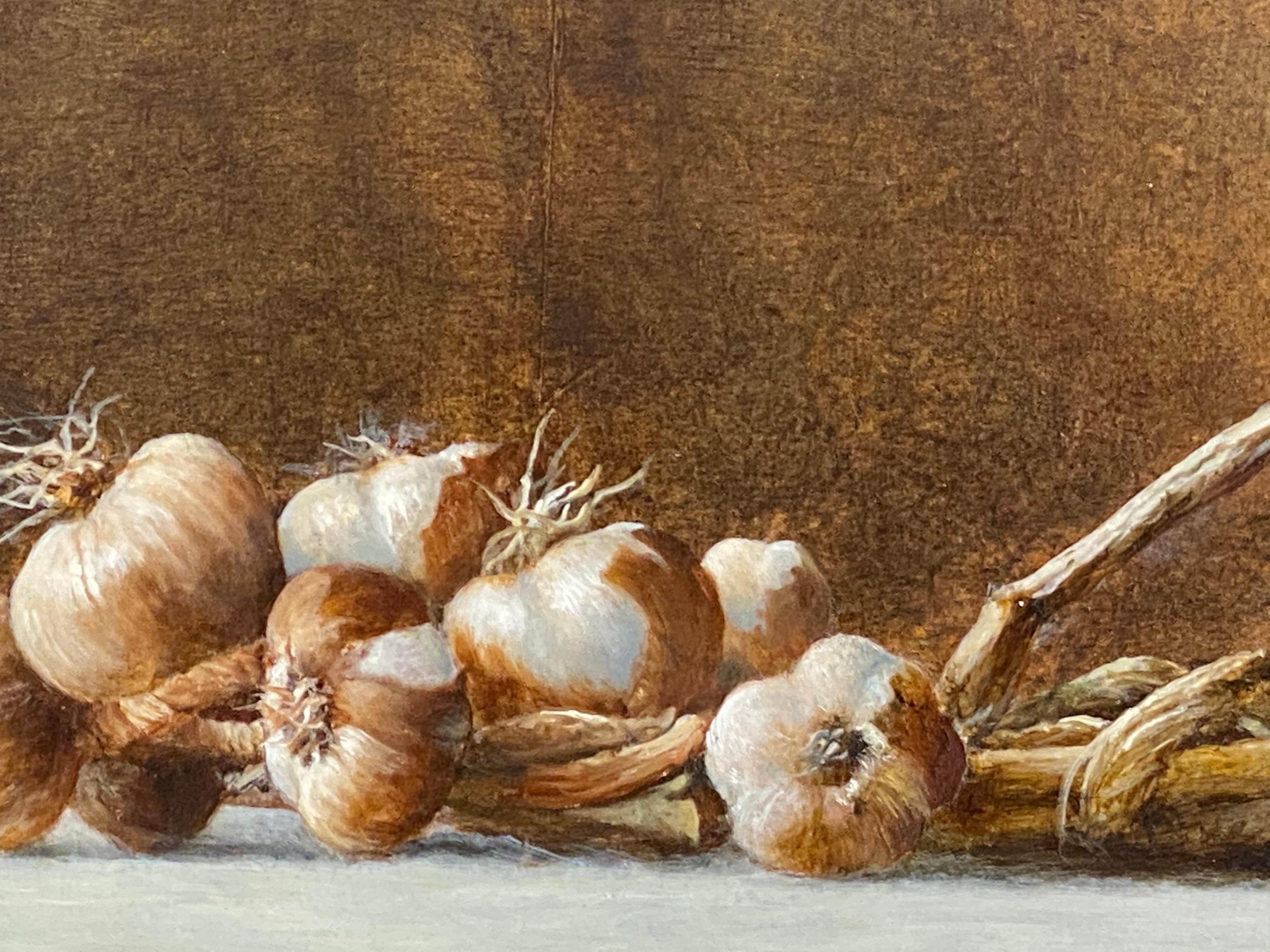 Garlic Strand- 21st Century Contemporary Still-life painting garlic - Black Figurative Painting by Erik Zwaga