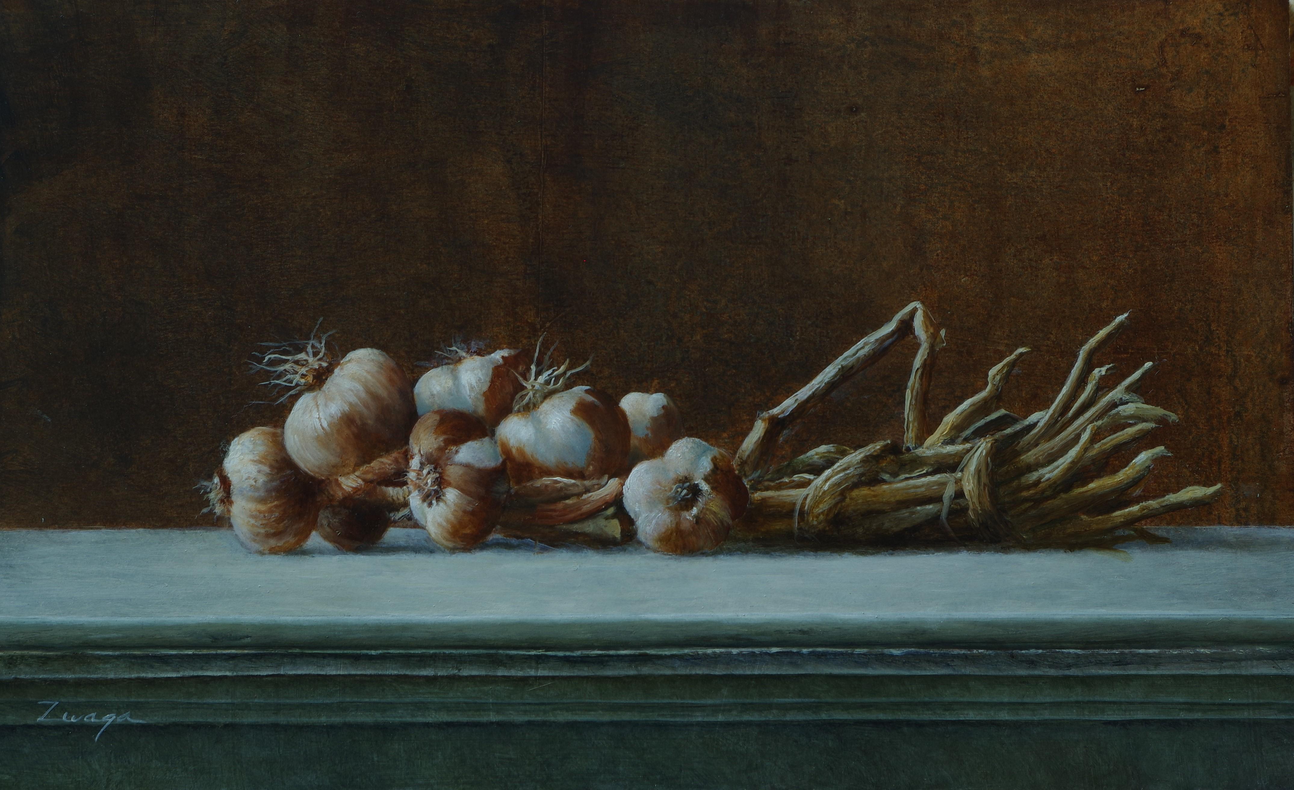 Figurative Painting de Erik Zwaga - Hilo de ajo - Siglo XXI Pintura contemporánea de bodegones de ajo