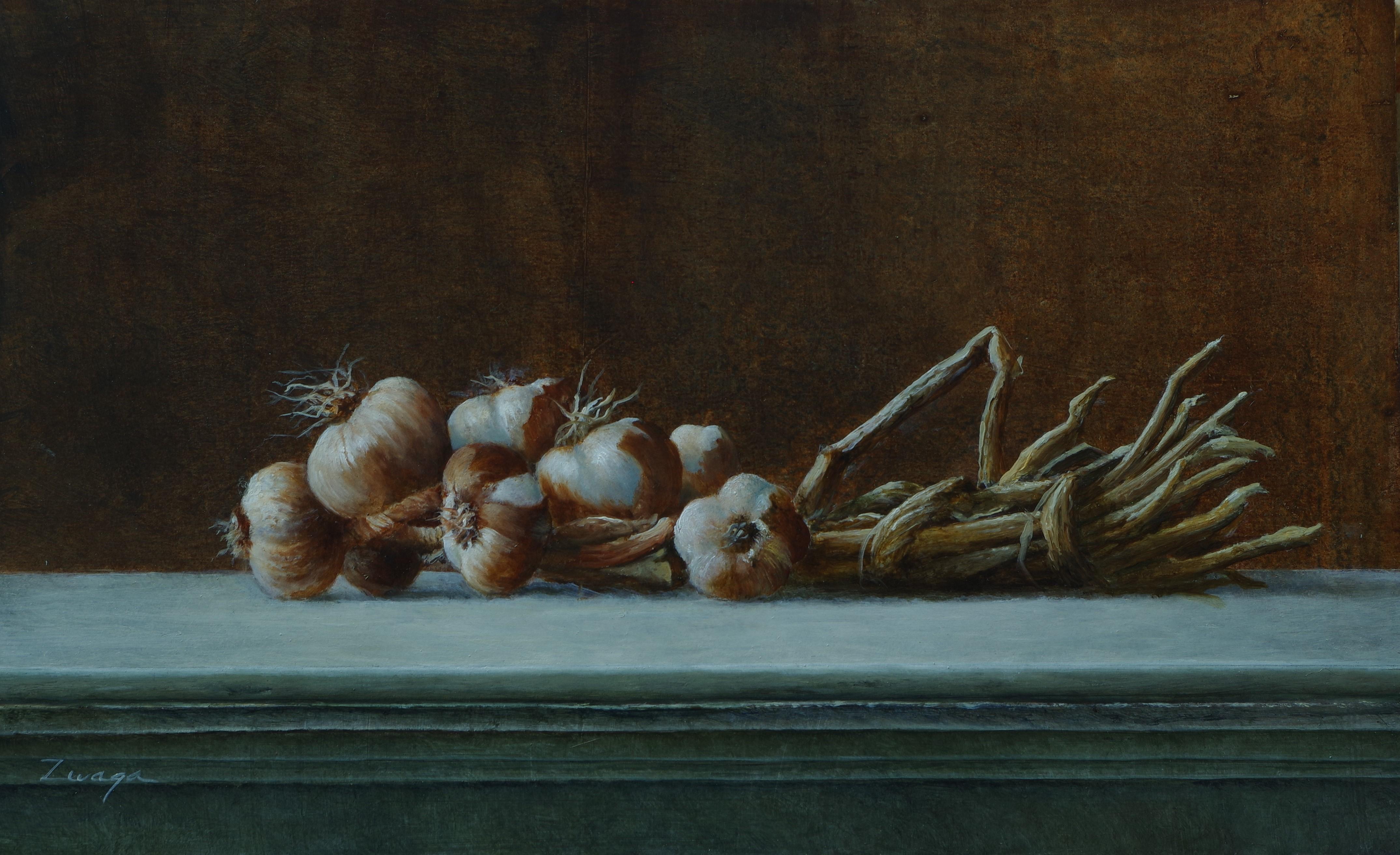 Garlic Strand- 21st Century Contemporary Still-life painting garlic