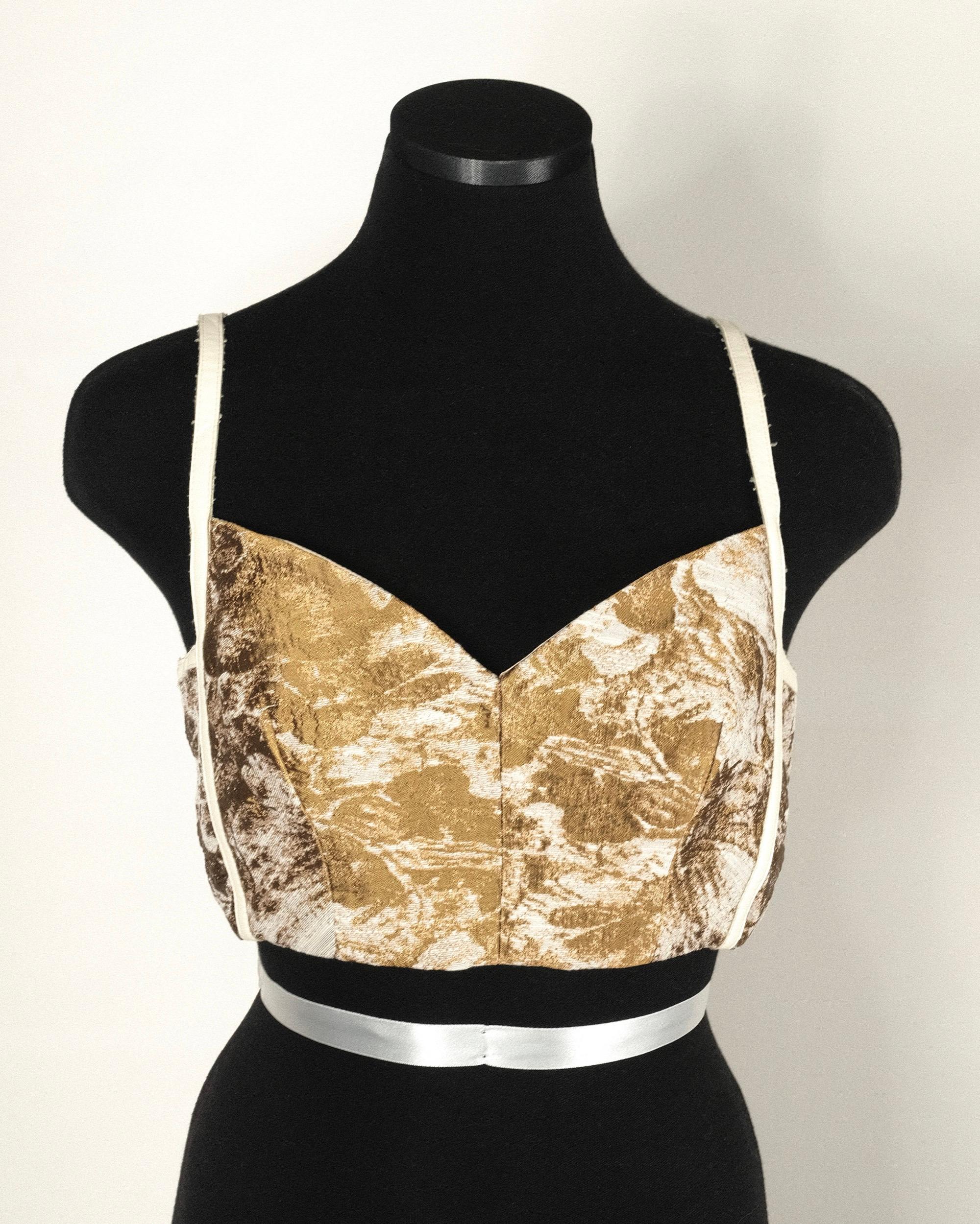 Jacket and Bustier Set from Contemporary Italian Designer Erika Cavallini
Floral Jacquard, Brocade, Carpet Coat-esq 
Tags still attached 
Both items are rendred in Gold Floral Jacquard with leather detail
Bustier has raw leather spaghetti straps and
