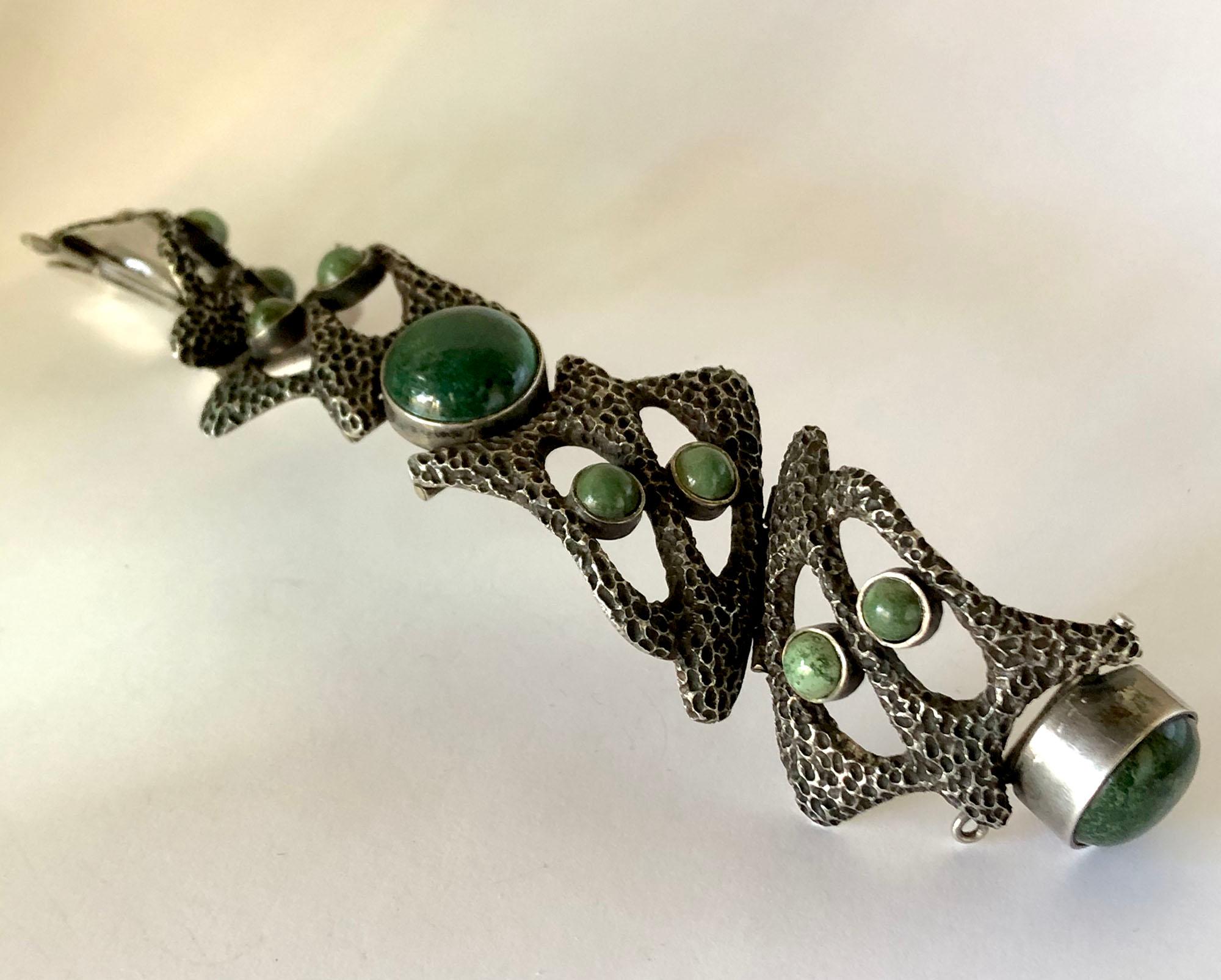 Modernist Erika Hult de Corral Textured Sterling Natural Gemstone Linked Mexican Bracelet