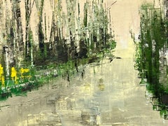 1970's Enorme paisaje expresionista francés Avenida verde de árboles, óleo firmado