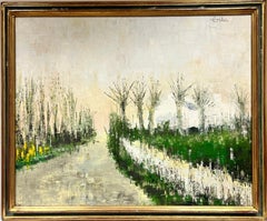 Immense paysage expressionniste français des années 1970, vert, avenue d'arbres, huile signée 