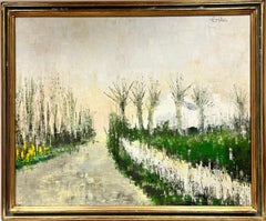 Grande paesaggio francese espressionista degli anni '70, viale di alberi, olio firmato