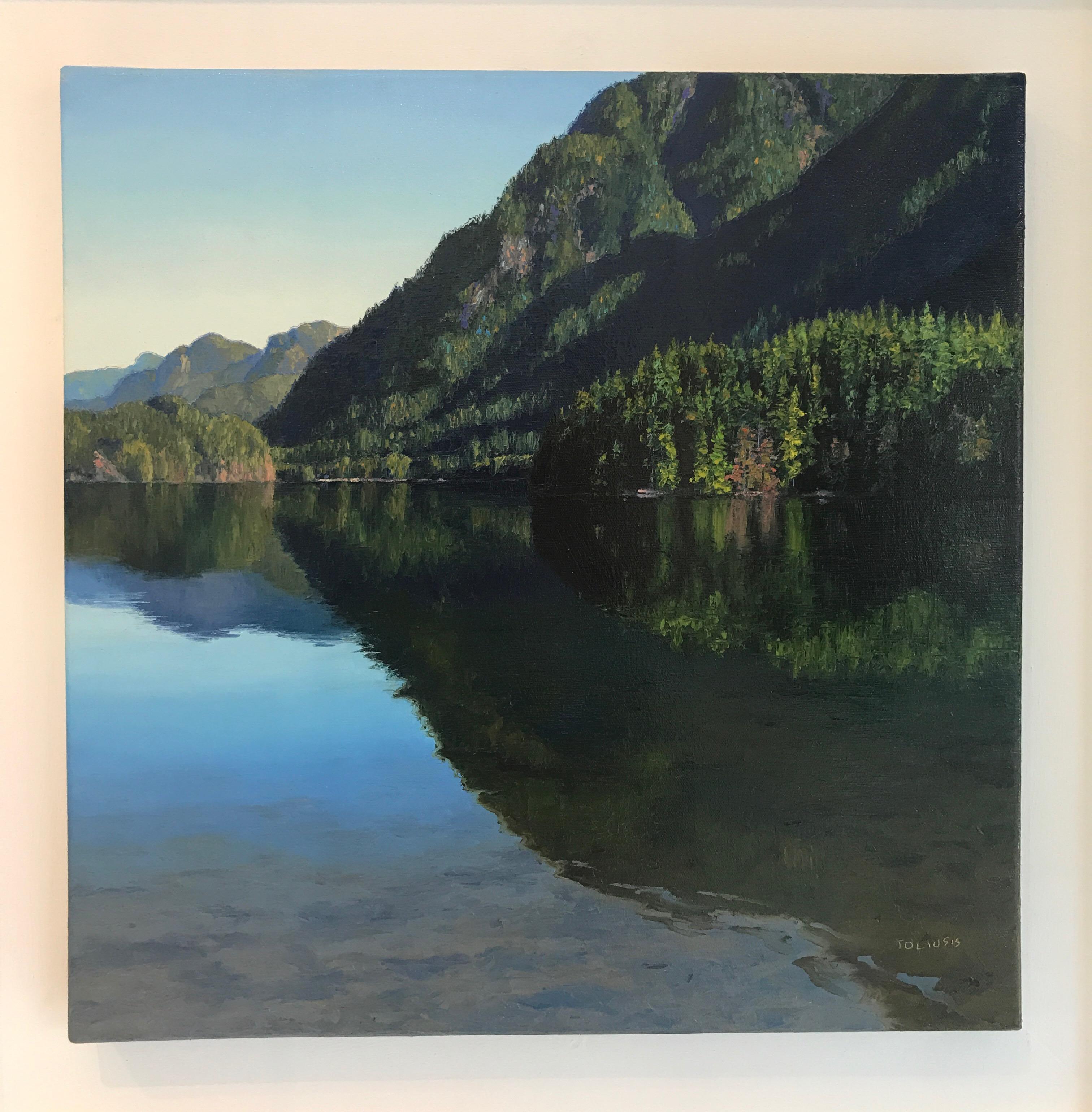 Hidden Original mountain Lake landscape painting  - Painting by Erika Toliusis