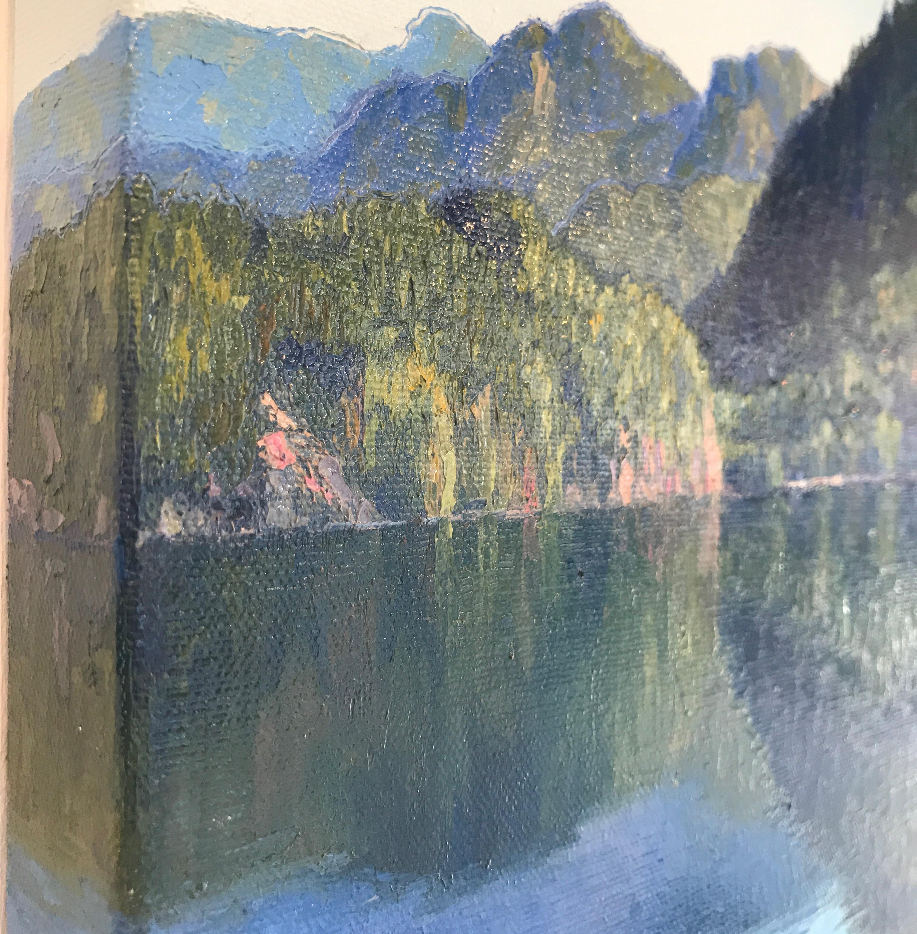 Hidden Original mountain Lake landscape painting  - Impressionist Painting by Erika Toliusis