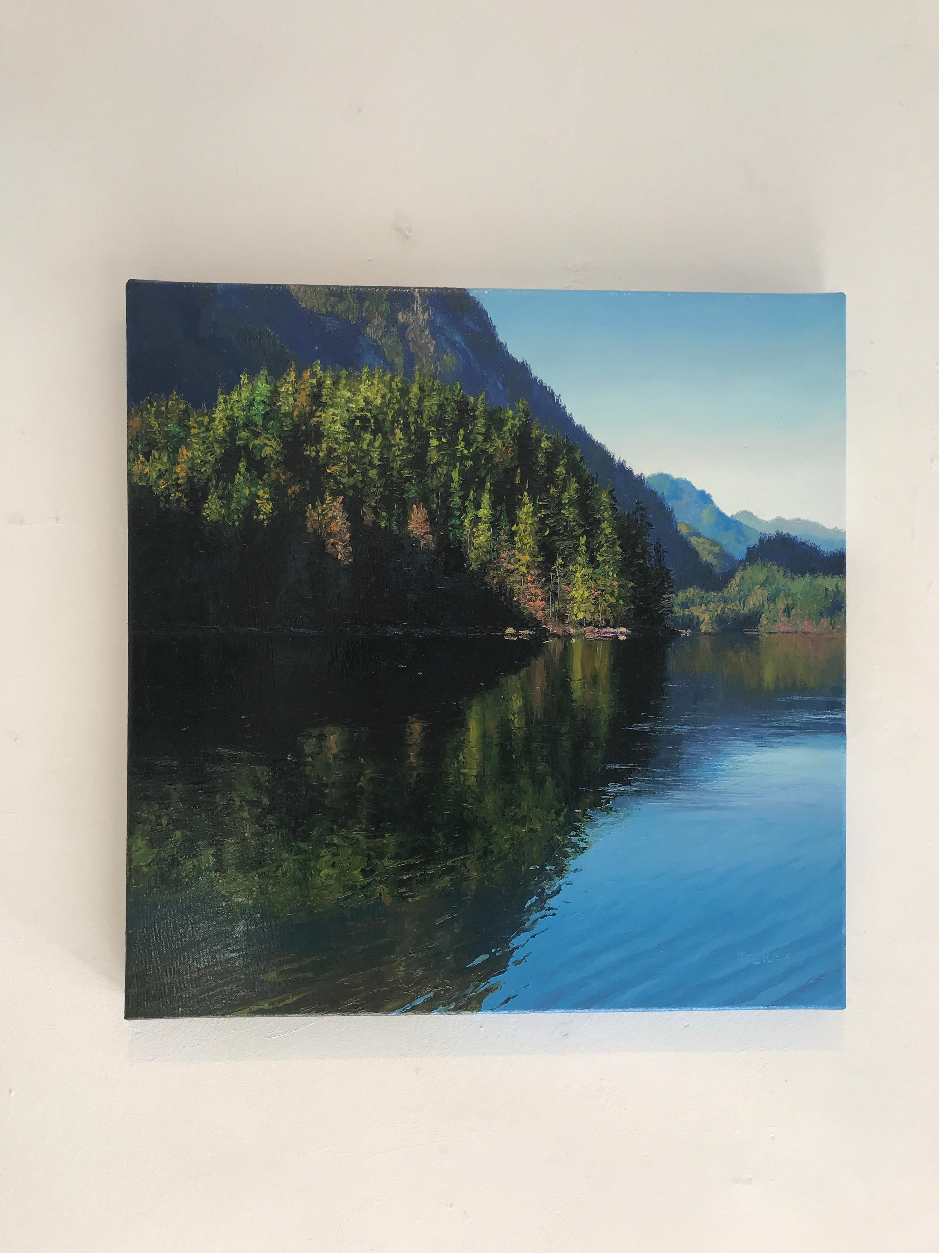 Morning Visit Original mountain Lake landscape painting  - Painting by Erika Toliusis