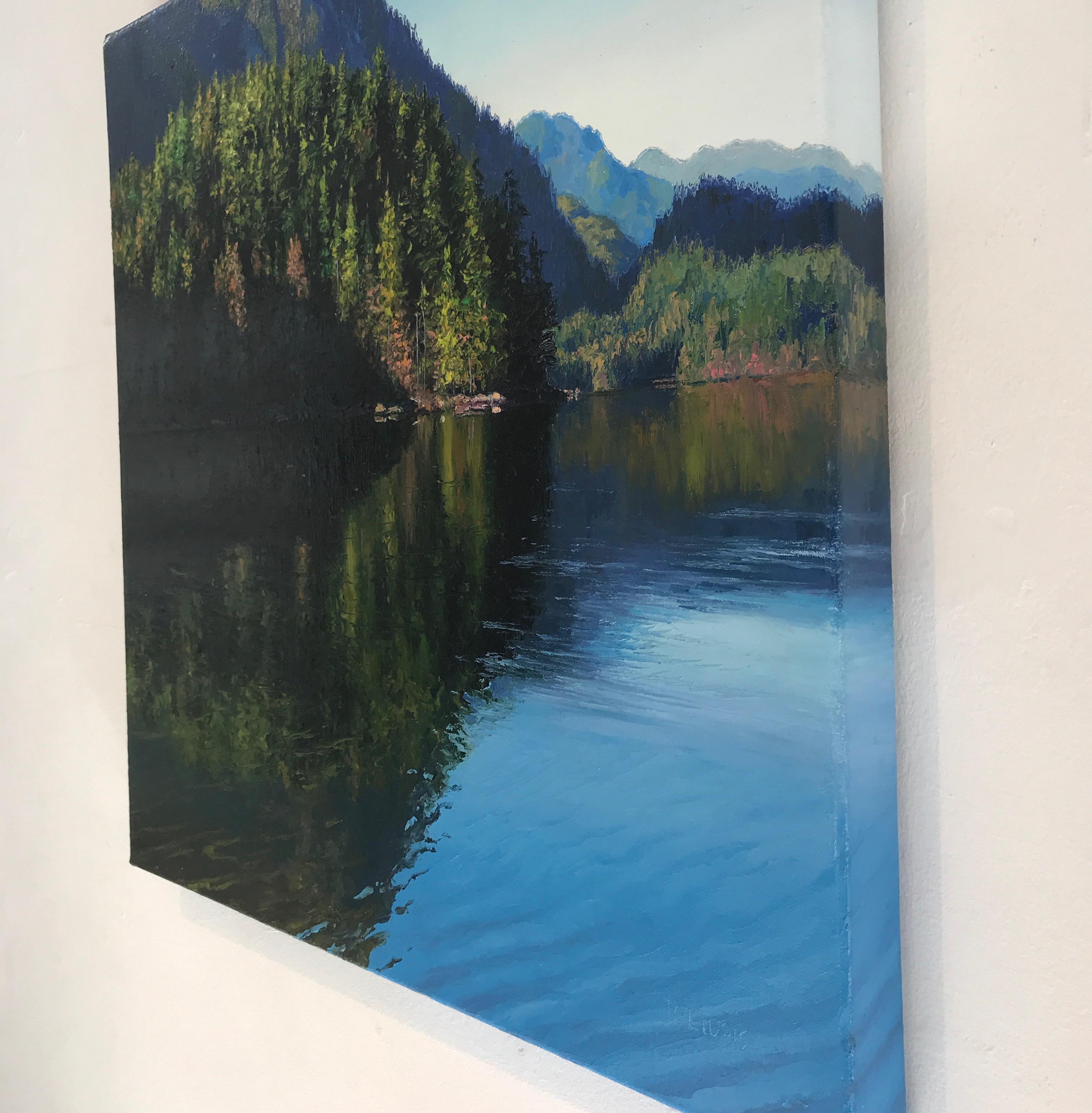 Morning Visit Original mountain Lake landscape painting  - Impressionist Painting by Erika Toliusis