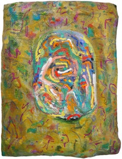 Zeitgenössische farbenfrohe bemalte Gips-Wandskulptur „Face It, Its Your Face“
