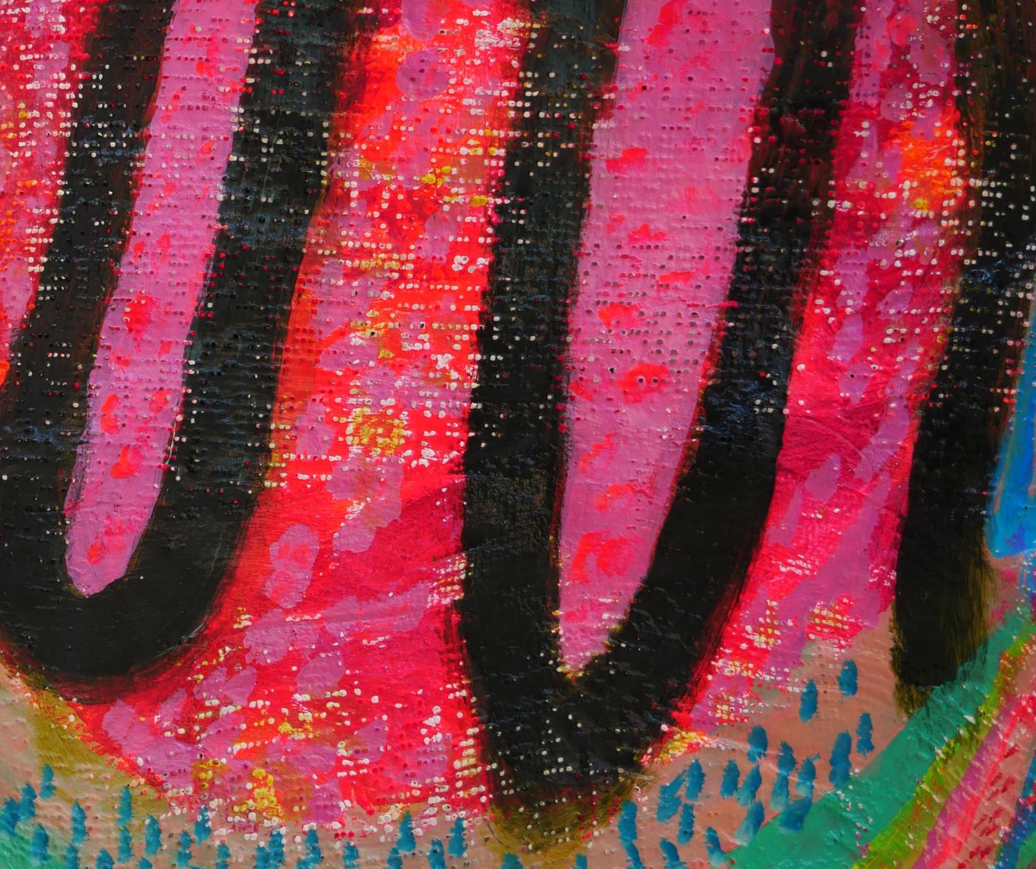 Zeitgenössische, farbenfrohe, abstrakt bemalte Wandskulptur aus Gips der Künstlerin Erika Whitney aus Houston. Derzeit zu sehen in der Ausstellung 