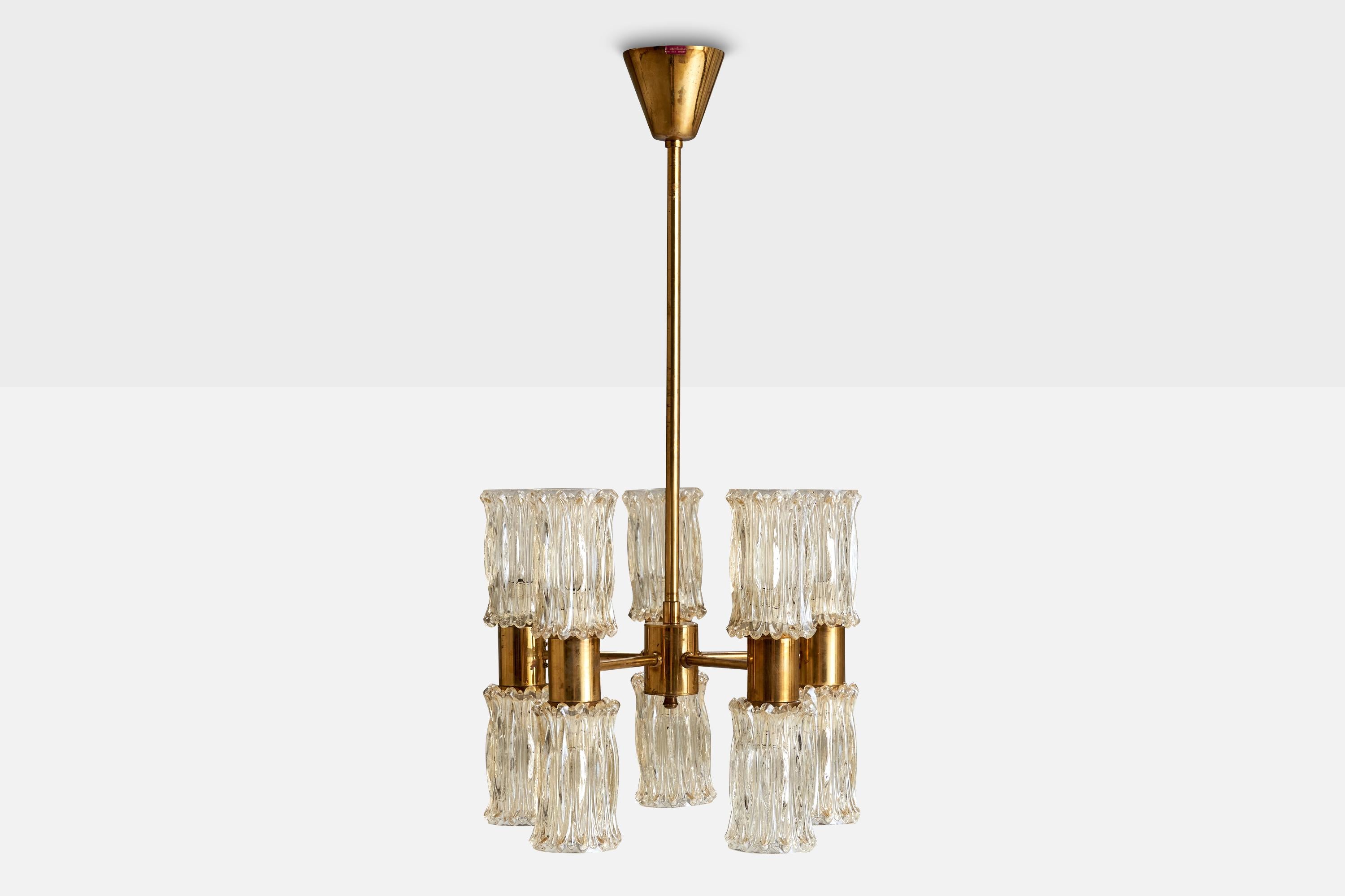 Scandinavian Modern Eriksmåla Glas, Chandelier, Brass, Glass, Sweden, 1950s For Sale