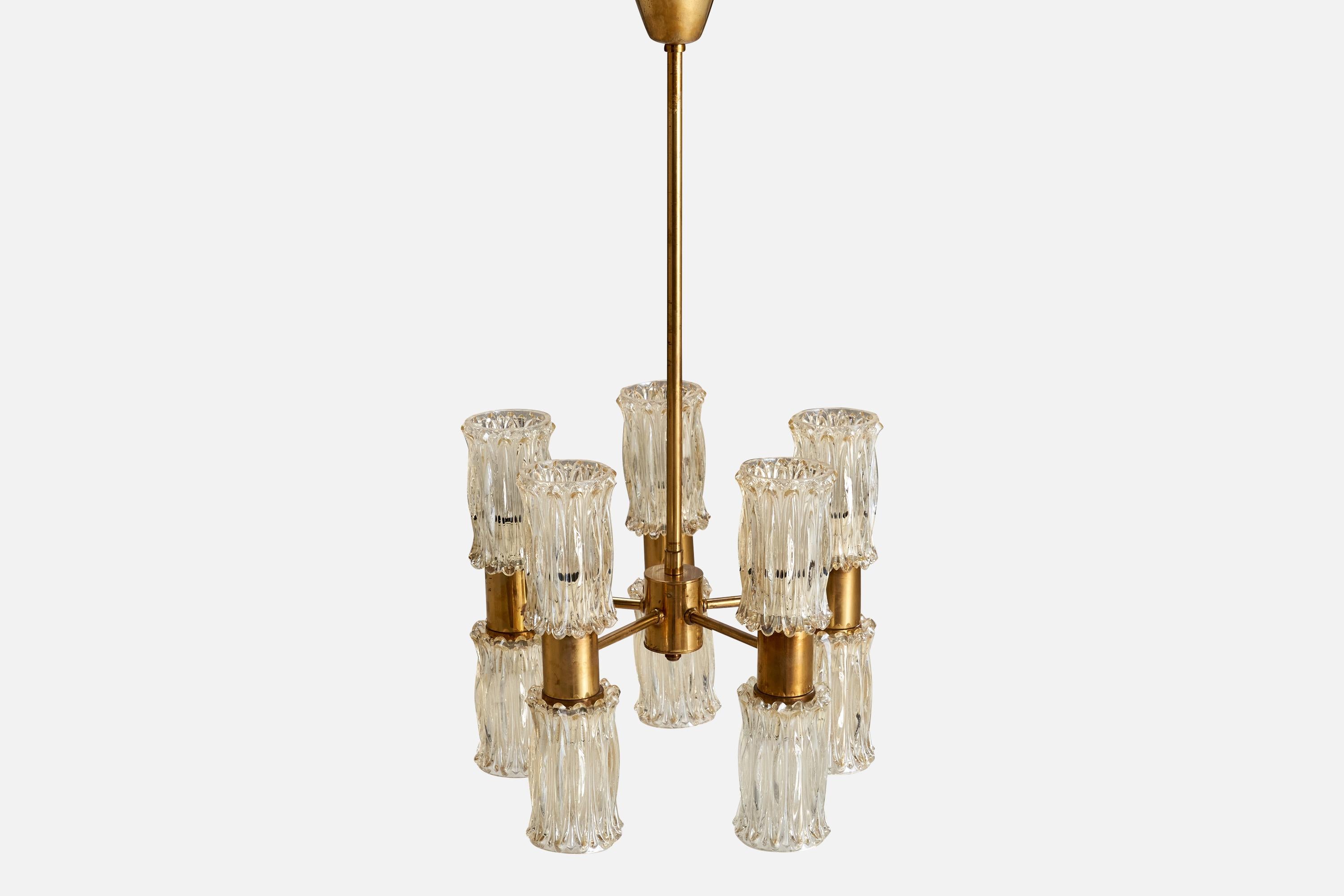 Swedish Eriksmåla Glas, Chandelier, Brass, Glass, Sweden, 1950s For Sale