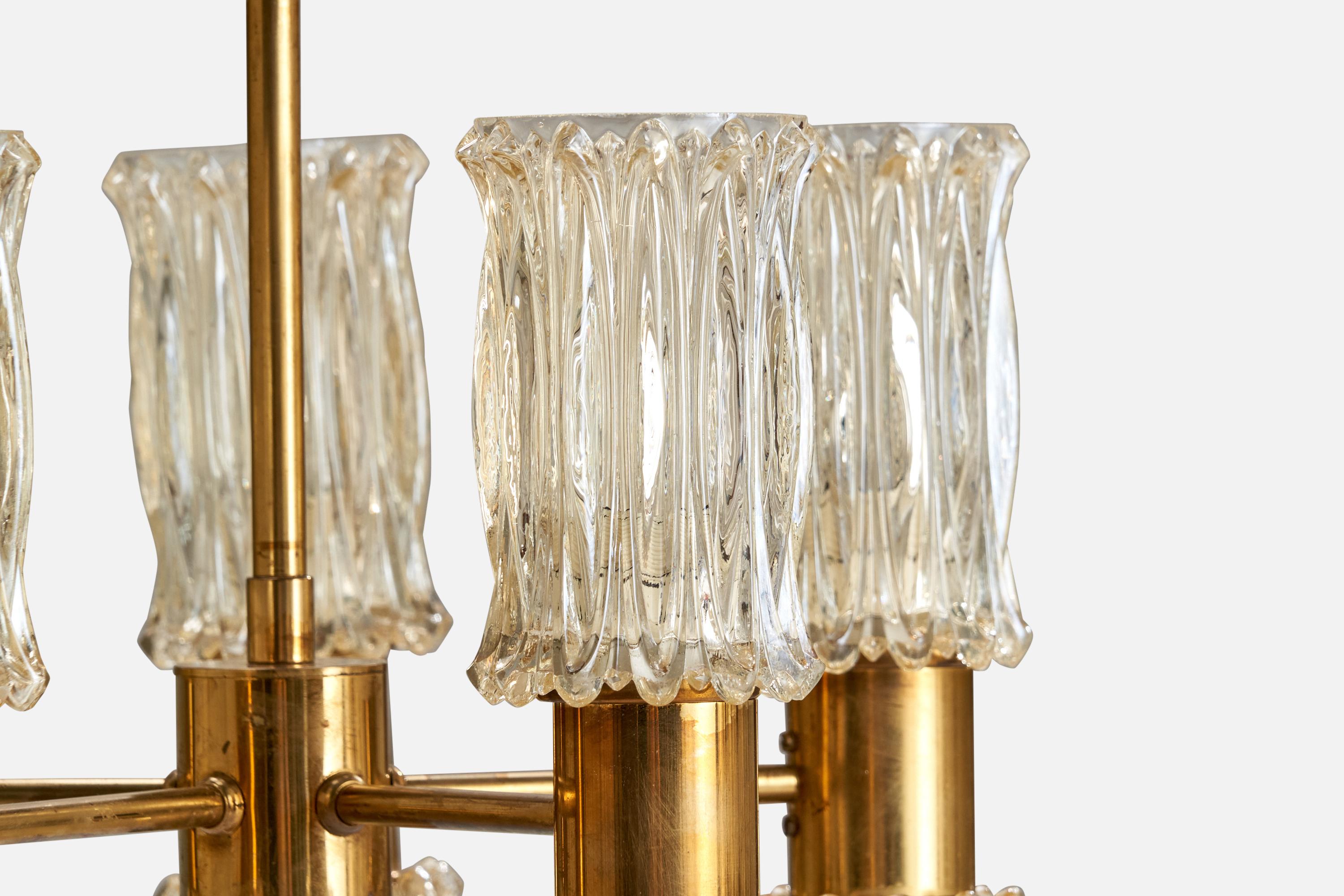 Mid-20th Century Eriksmåla Glas, Chandelier, Brass, Glass, Sweden, 1950s For Sale