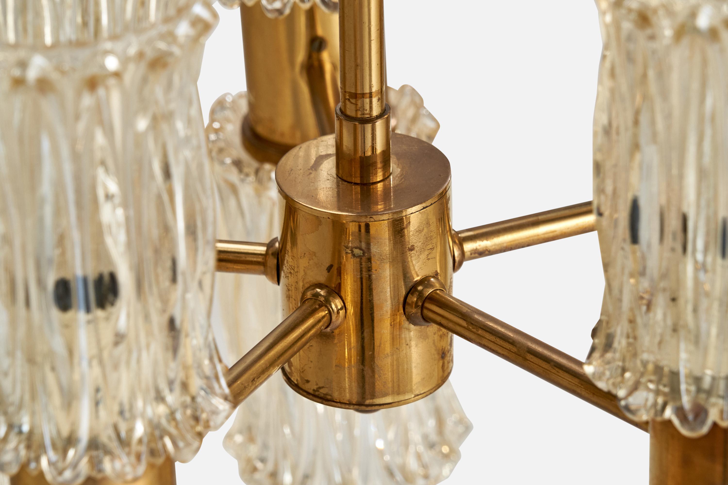 Eriksmåla Glas, Chandelier, Brass, Glass, Sweden, 1950s For Sale 1