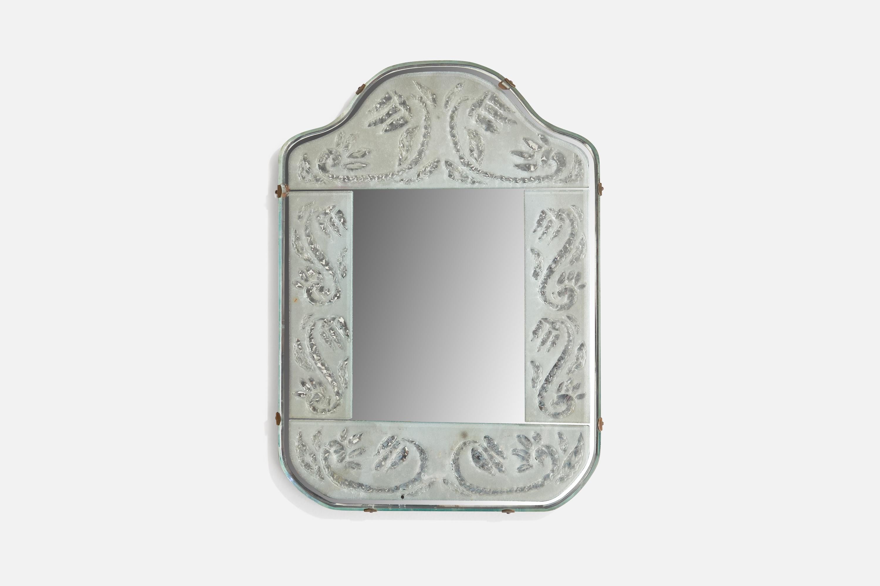 An etched glass wall mirror designed and produced by Eriksmålaglas, Sweden, 1960s.
