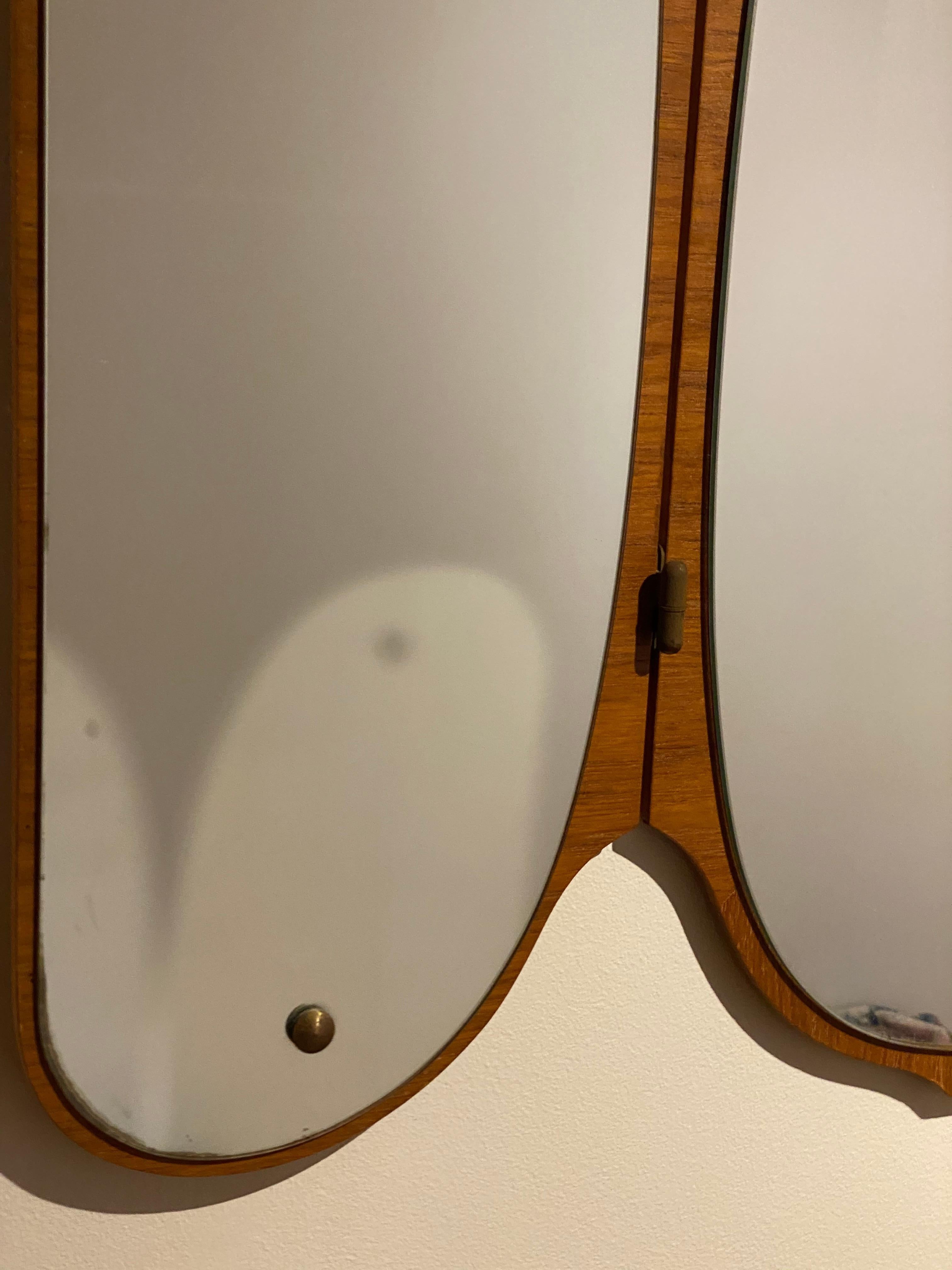 Mid-Century Modern Eriksmålaglas, Adjustable Organic Wall Mirror Teak Cut Mirror Glass Sweden 1950s
