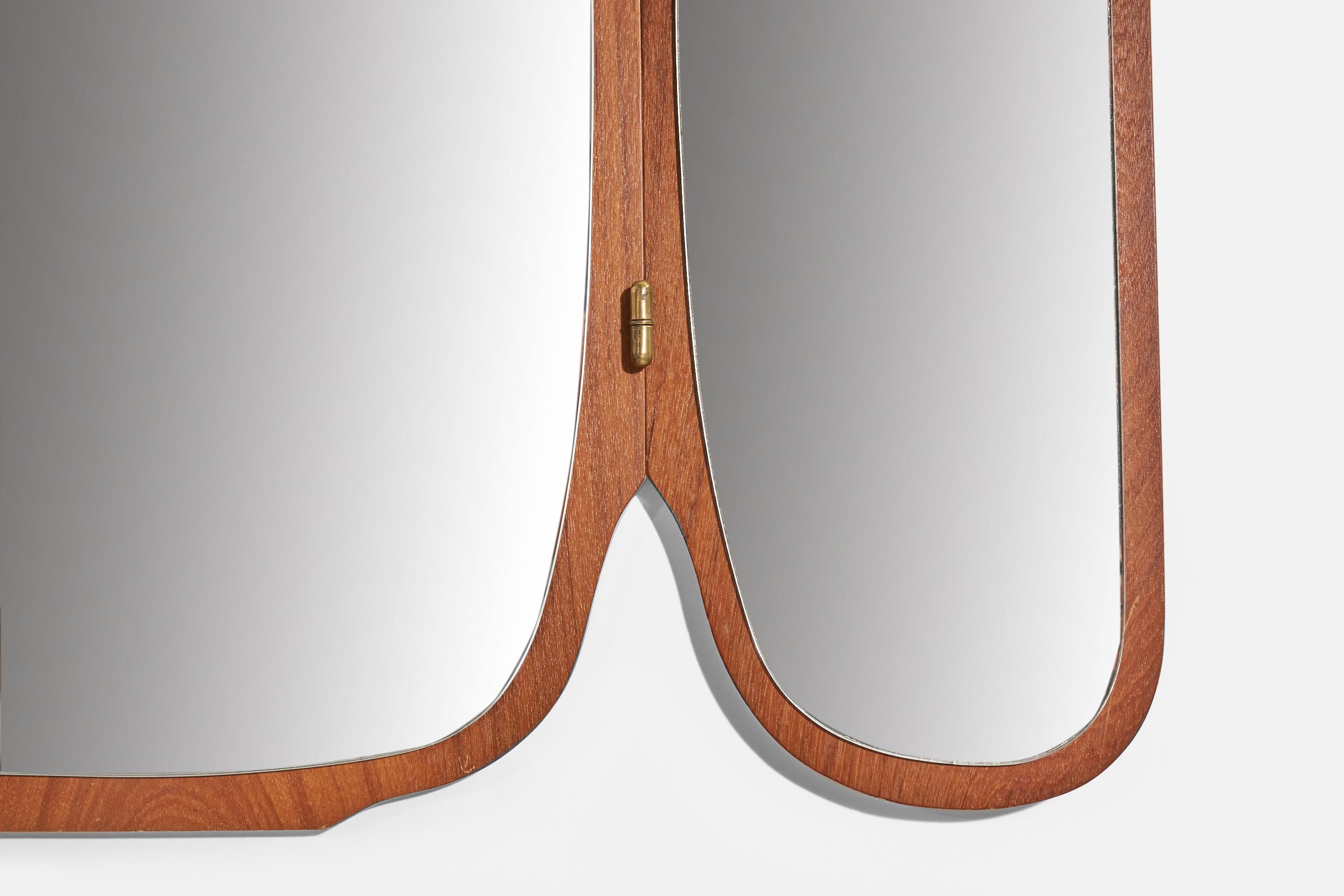 Swedish Eriksmålaglas, Adjustable Wall Mirror, Teak, Cut Mirror Glass, Sweden, 1950s For Sale