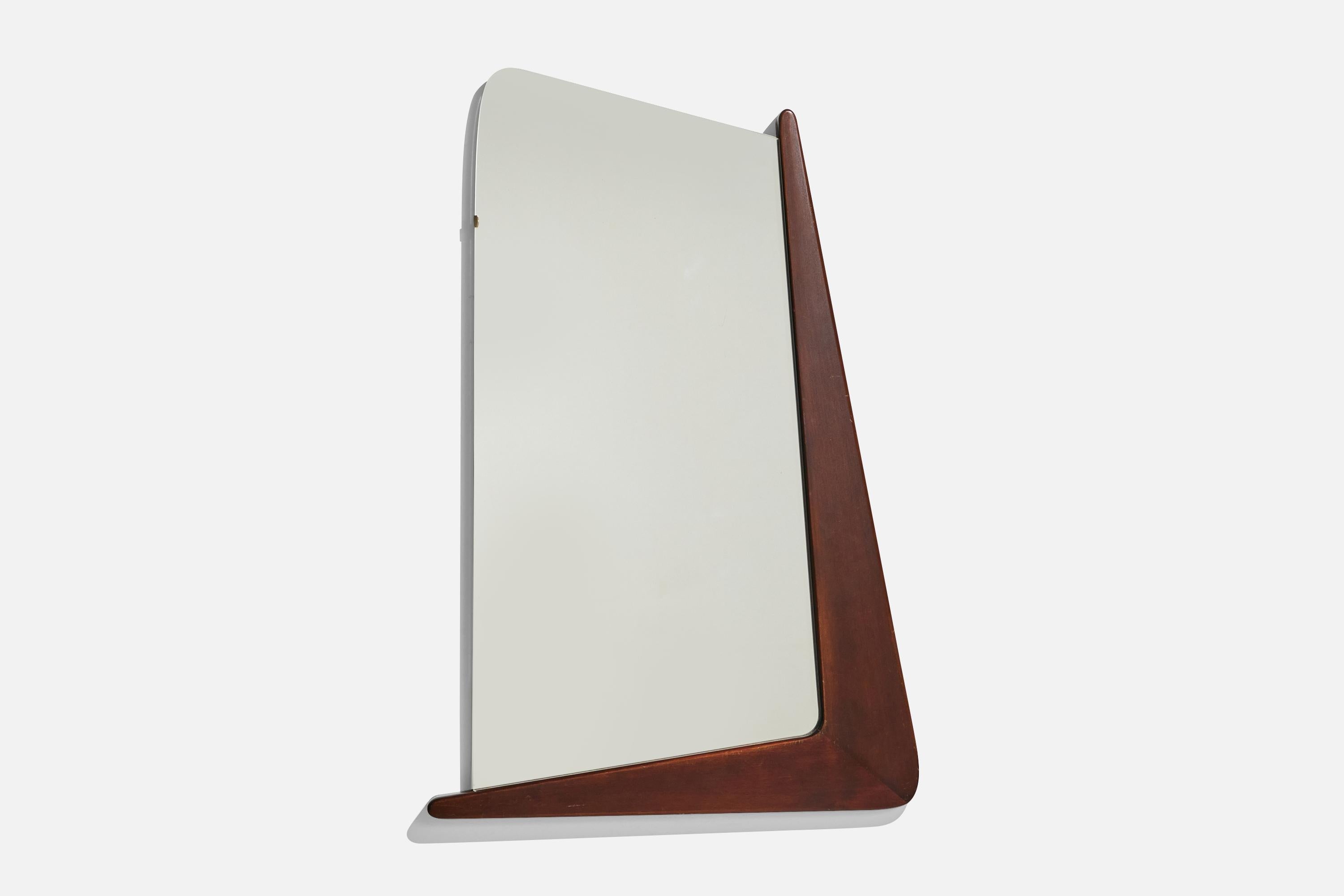 A wood, brass and crystal glass wall mirror designed and produced by Eriksmålaglas, Sweden, 1960s.