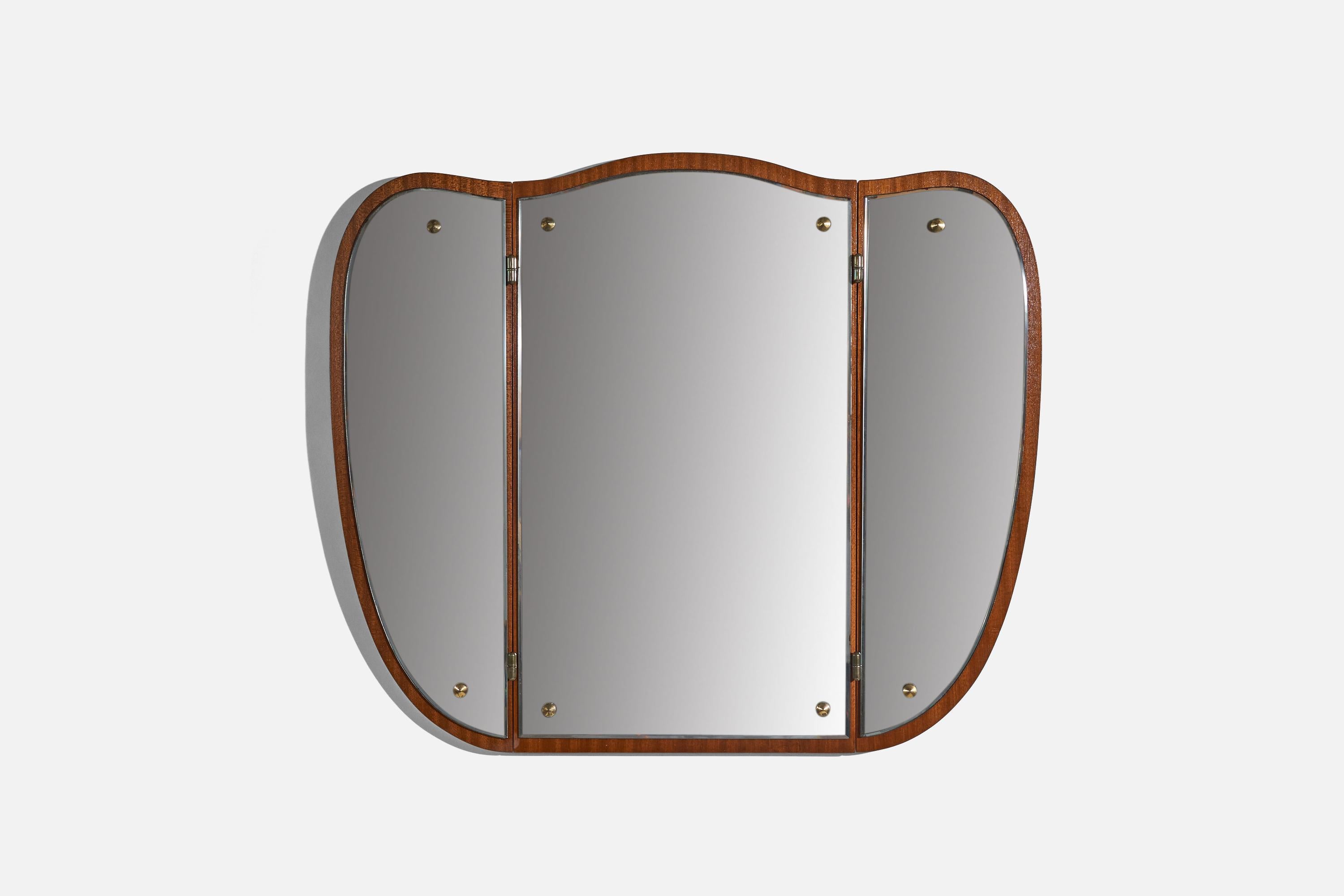 A three part wooden wall mirror designed and produced in Italy, c. 1950s.
 