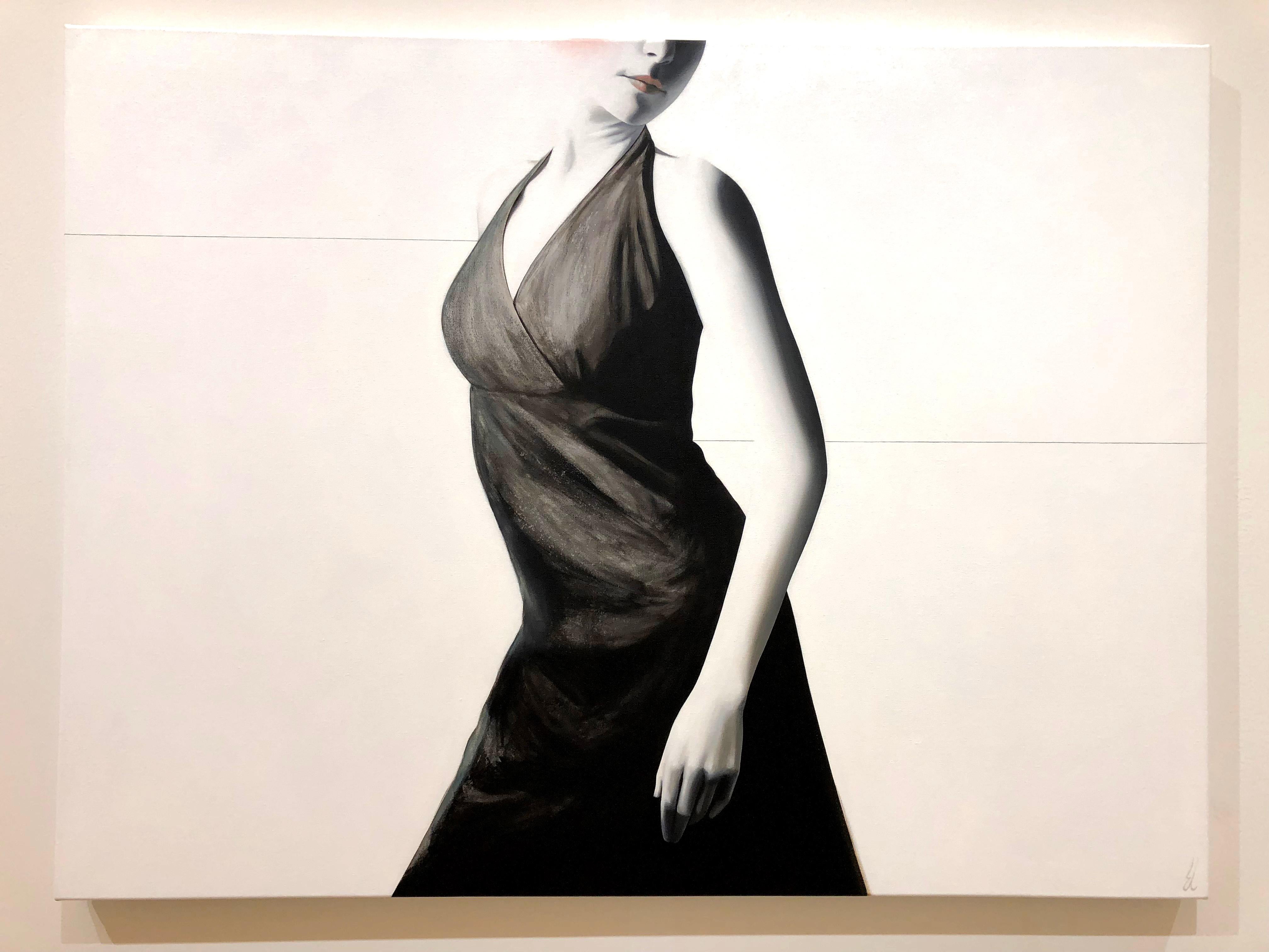 Impel, figurative realism painting, acrylic on canvas, woman in black dress - Painting by Erin Cone