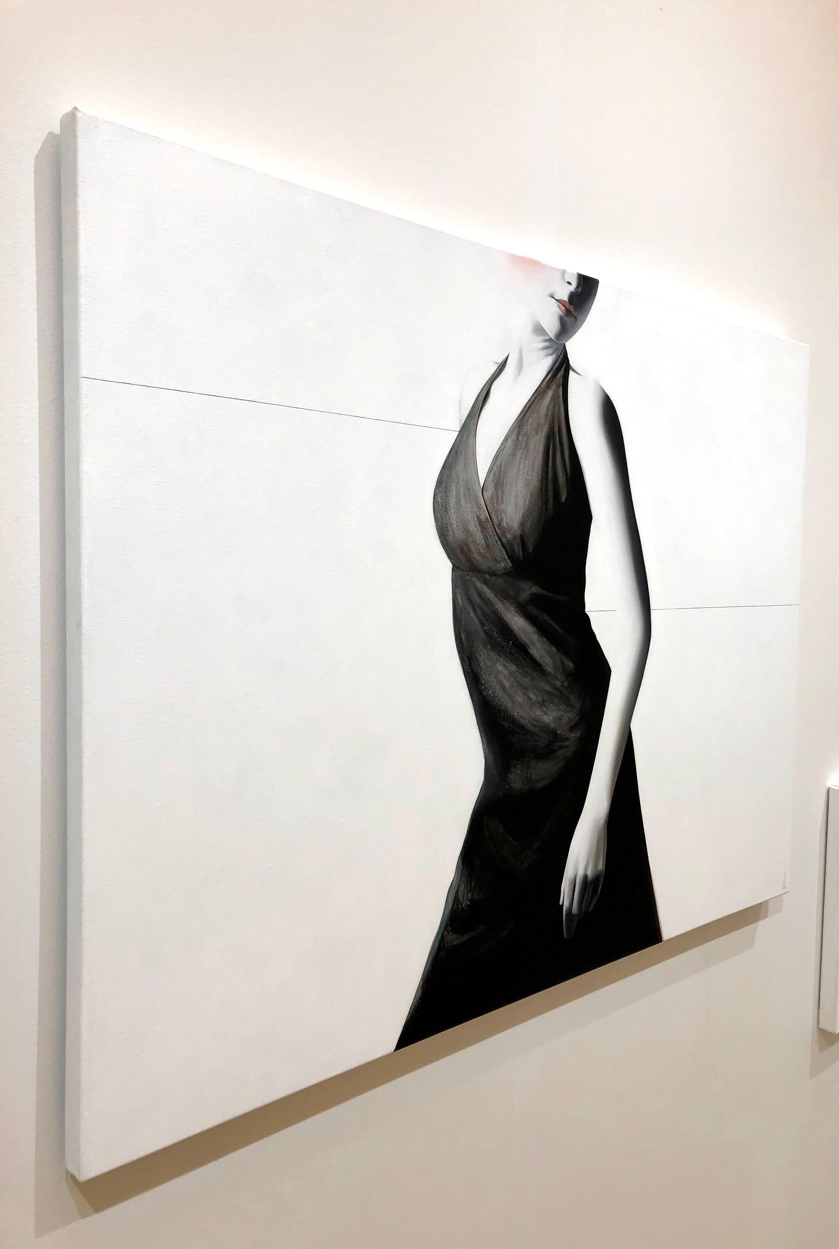 Figuratives Realismus, Gemälde, Acryl auf Leinwand, Frau in schwarzem Kleid, Impel (Grau), Figurative Painting, von Erin Cone