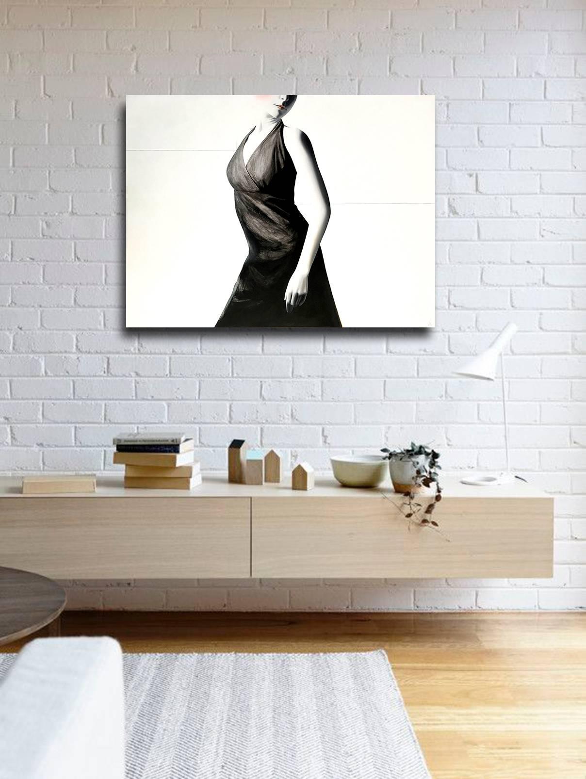 Impel, figurative realism painting, acrylic on canvas, woman in black dress - Realist Painting by Erin Cone