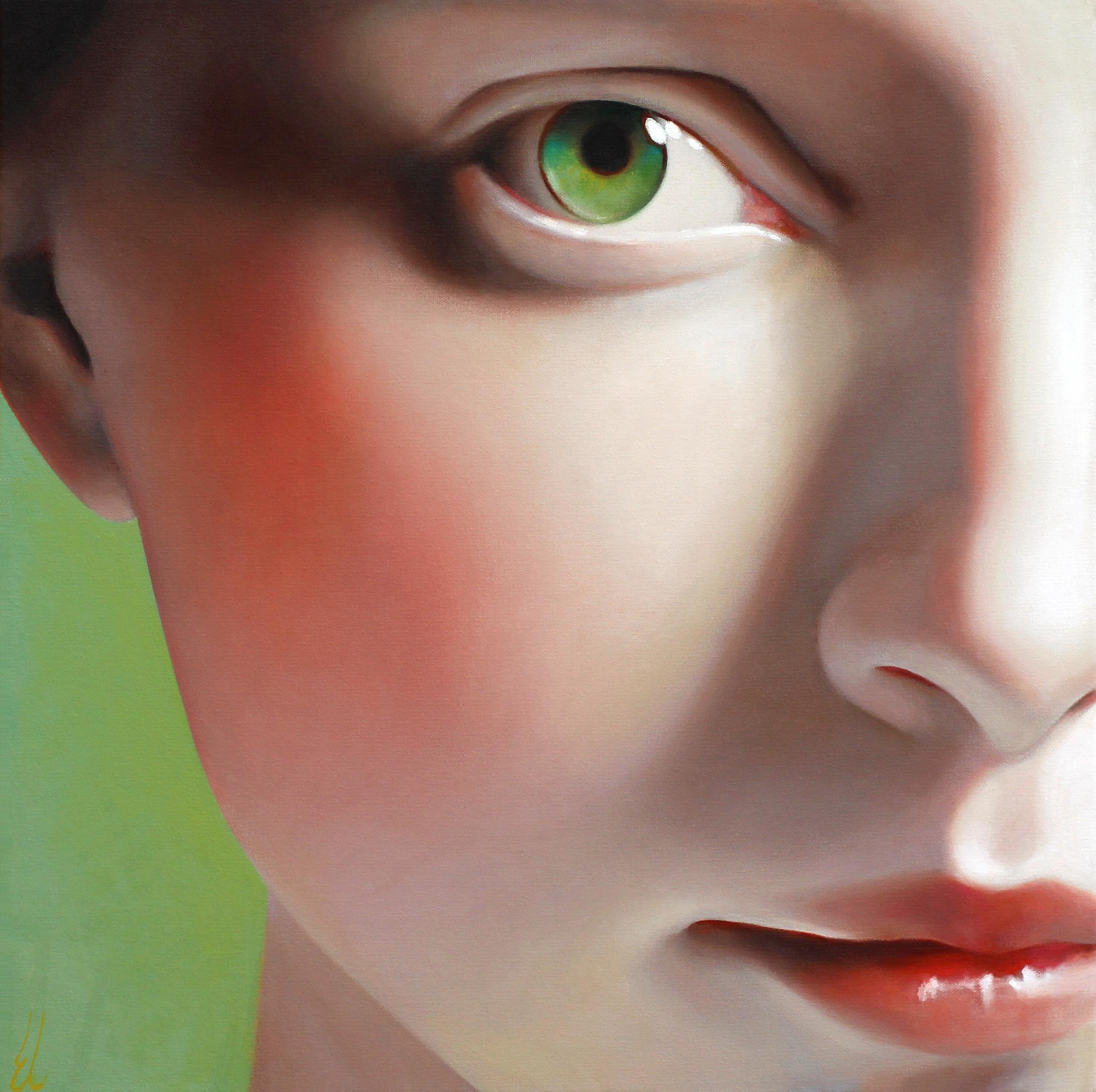 Erin Cone Figurative Painting - "Laurel", Oil on canvas, modern realism, female portrait with green eyes 
