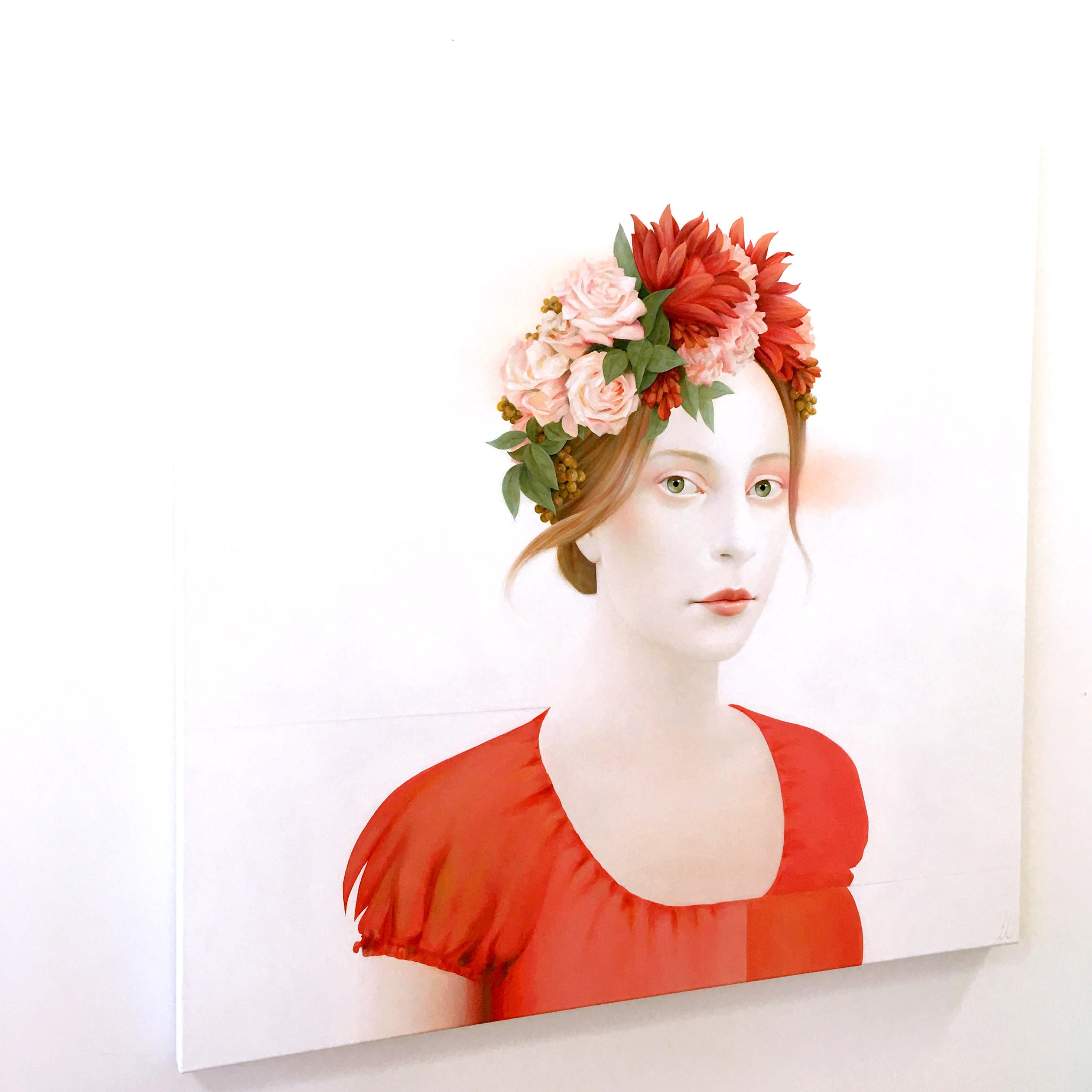 Perserverance, acrylic on canvas, modern realism, female portrait with flowers - Painting by Erin Cone