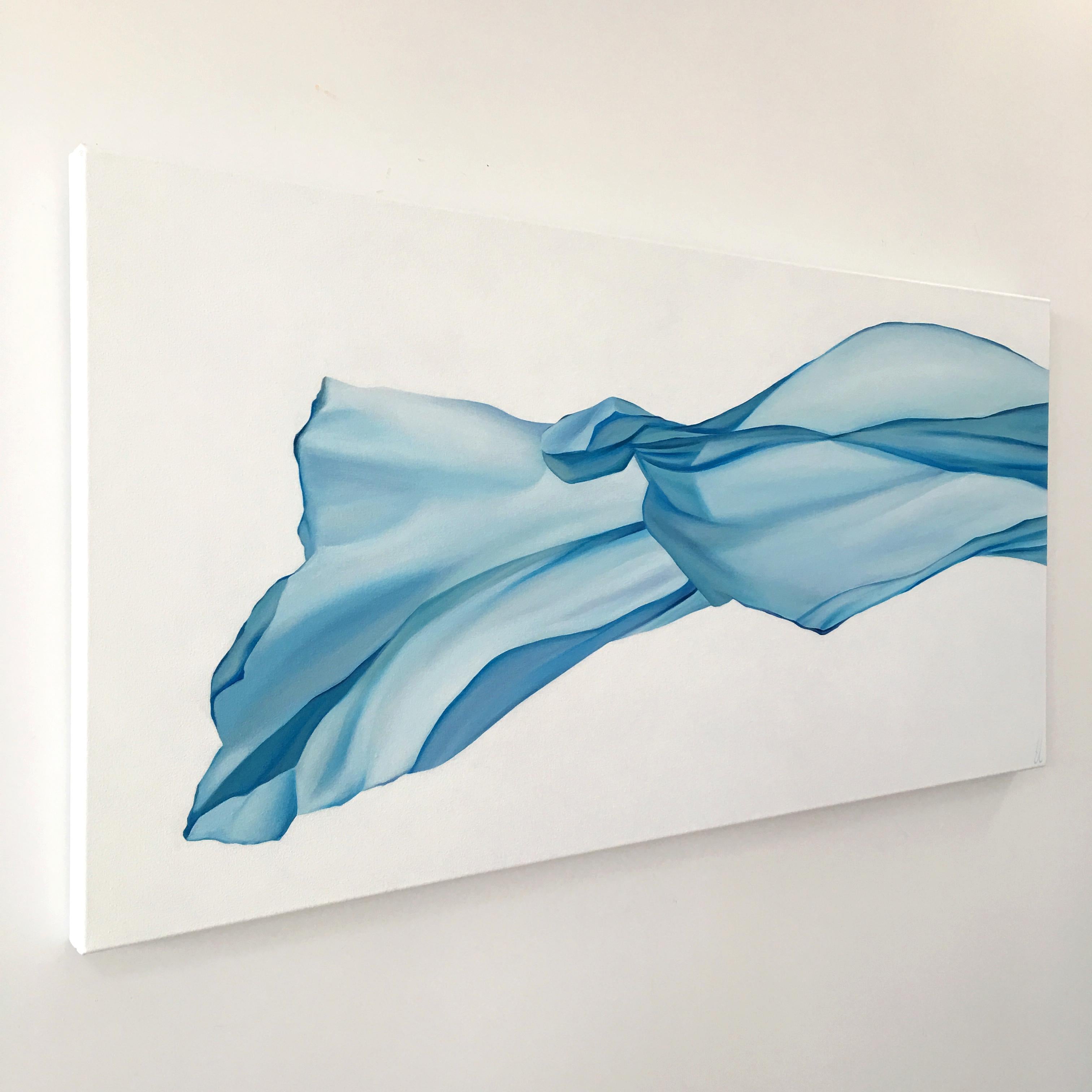 Released 2, acrylic on canvas, modern realism, abstract blue flowing fabric veil - Painting by Erin Cone