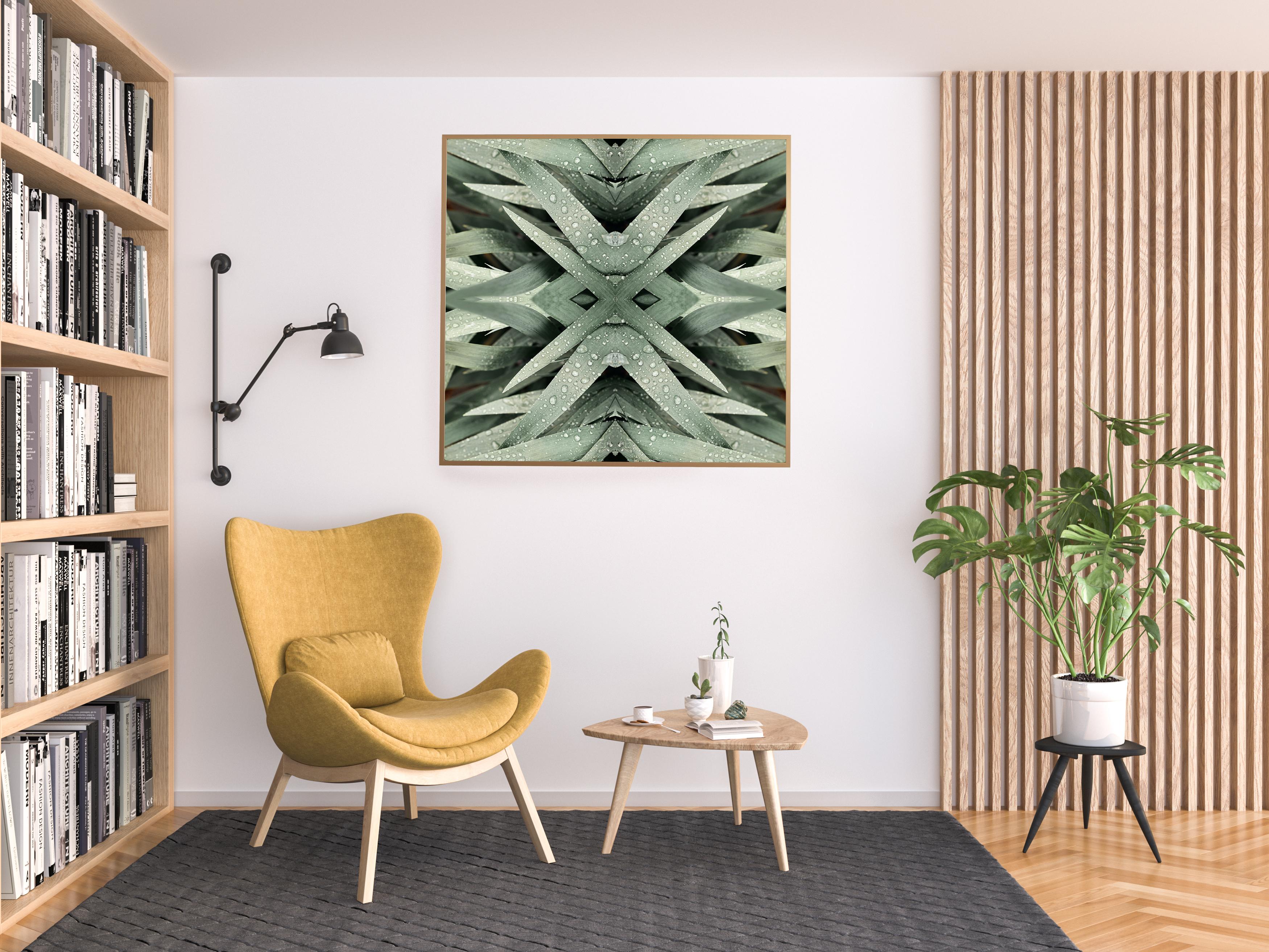 This print features the playful relationship between natural forms and botanicals. In this image Erin uses the natural composition of the dramatic green leaves, and her own collage work, to create a hypnotic mandala with the floral. Some describe it