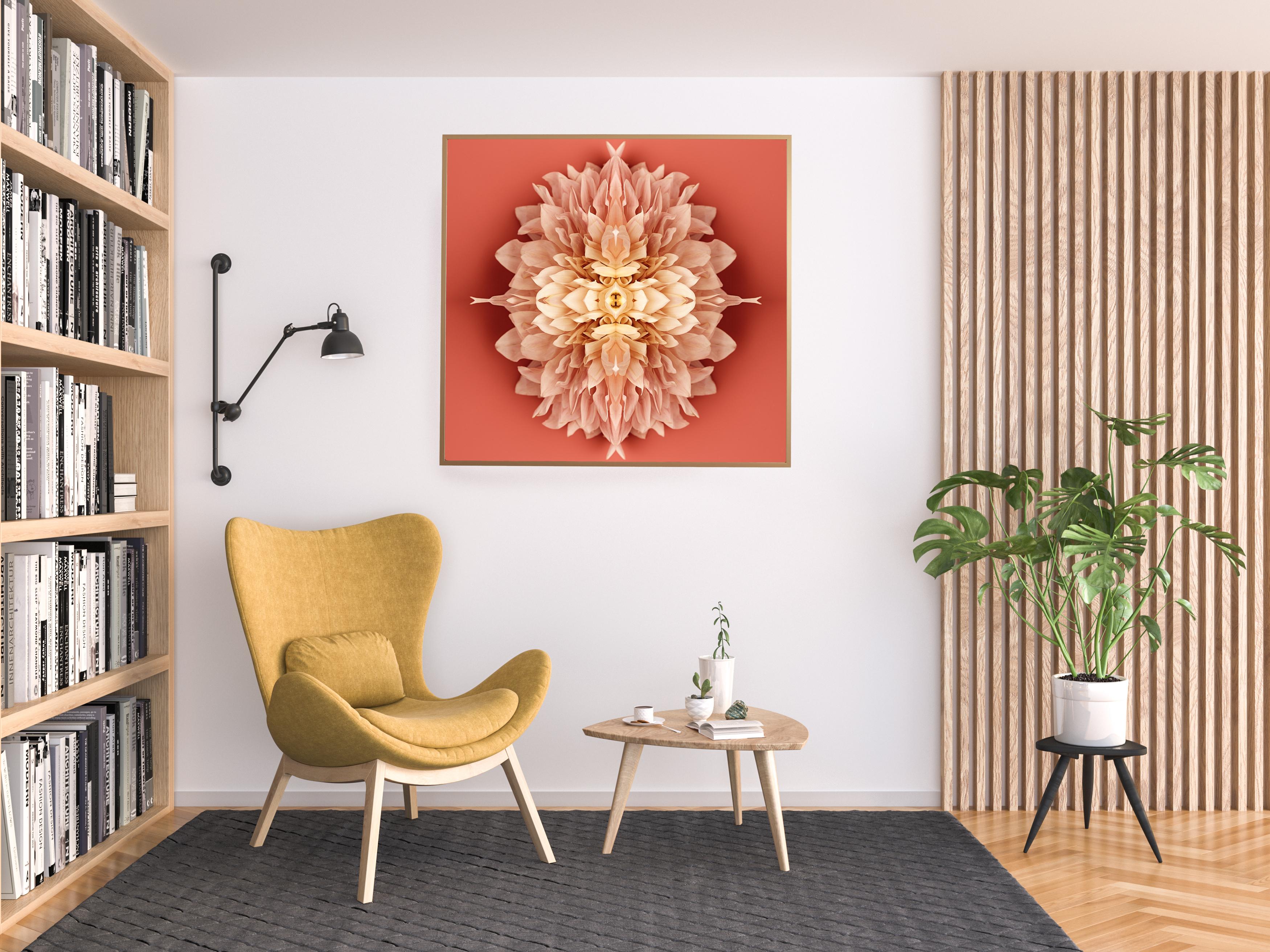 This print features the playful relationship between natural forms and botanicals. In this image Erin uses the natural composition of the light pink and yellow dahlia, and her own collage work, to create a hypnotic mandala with the floral. Some