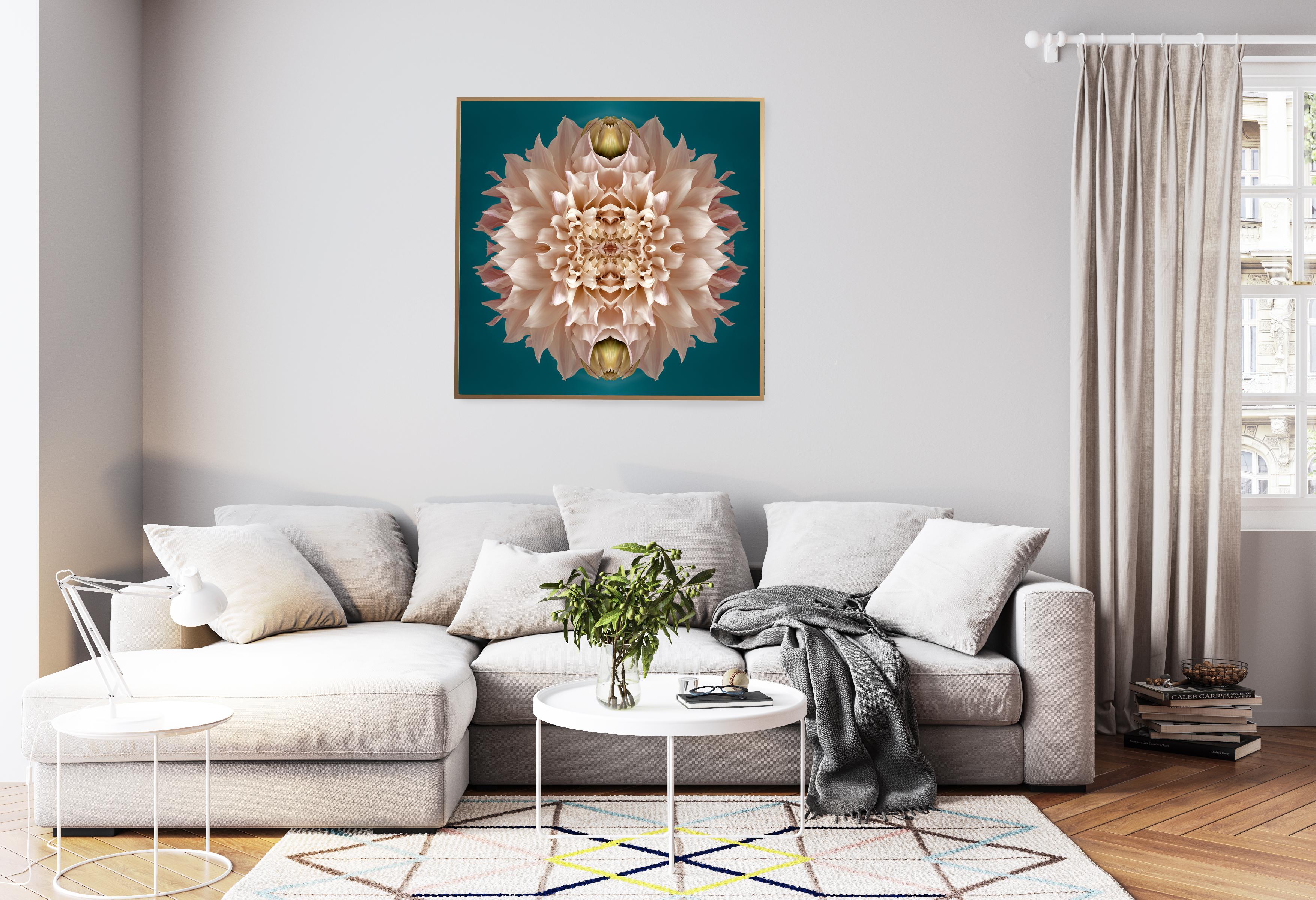 This print features the playful relationship between natural forms and botanicals. In this image Erin uses the natural composition of the pink dahlia, and her own collage work, to create a hypnotic mandala with the floral. Some describe it as a