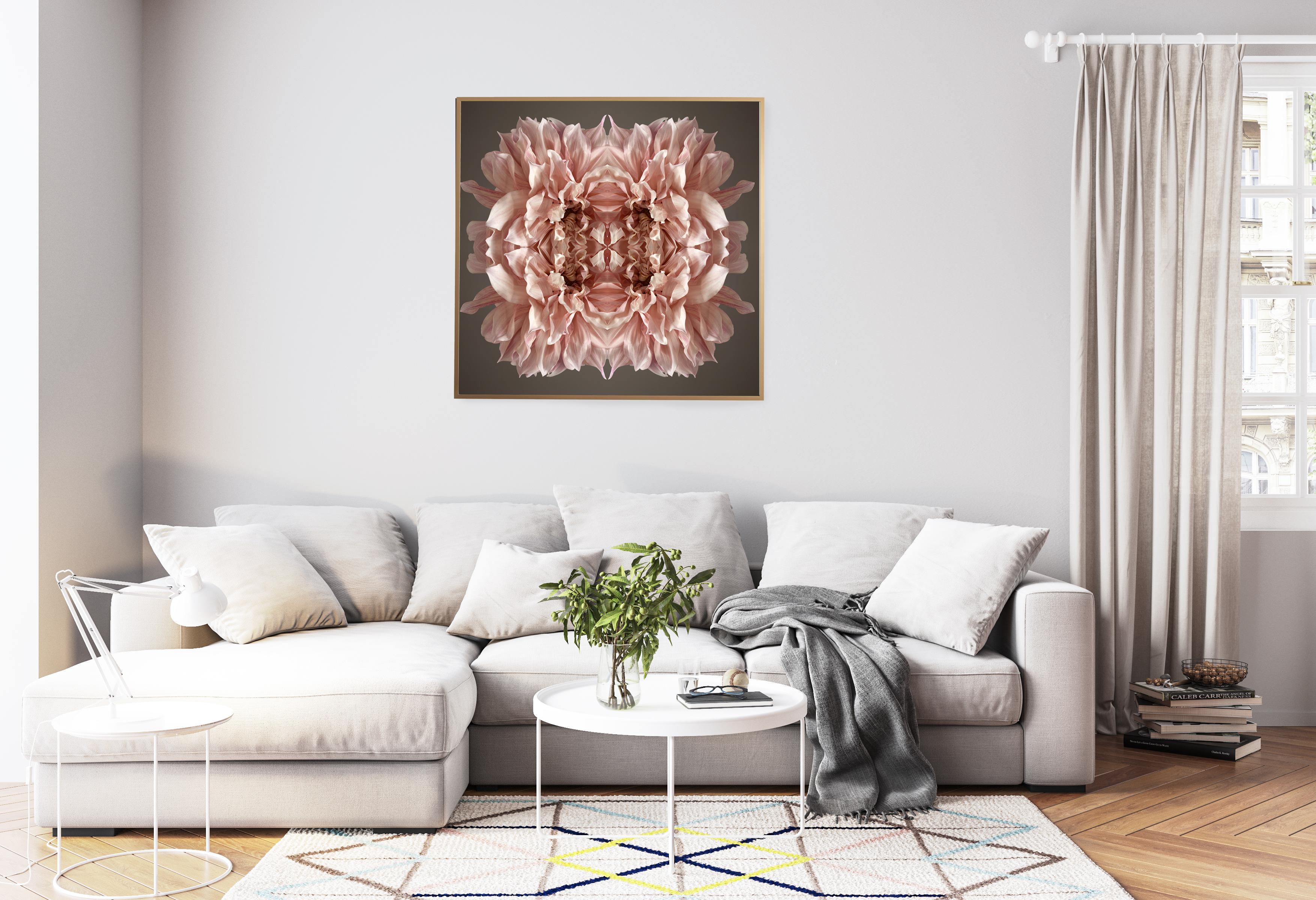 This print features the playful relationship between natural forms and botanicals. In this image Erin uses the natural composition of the pink and blush of the Peony, and her own collage work, to create a hypnotic mandala with the botanicals. Some