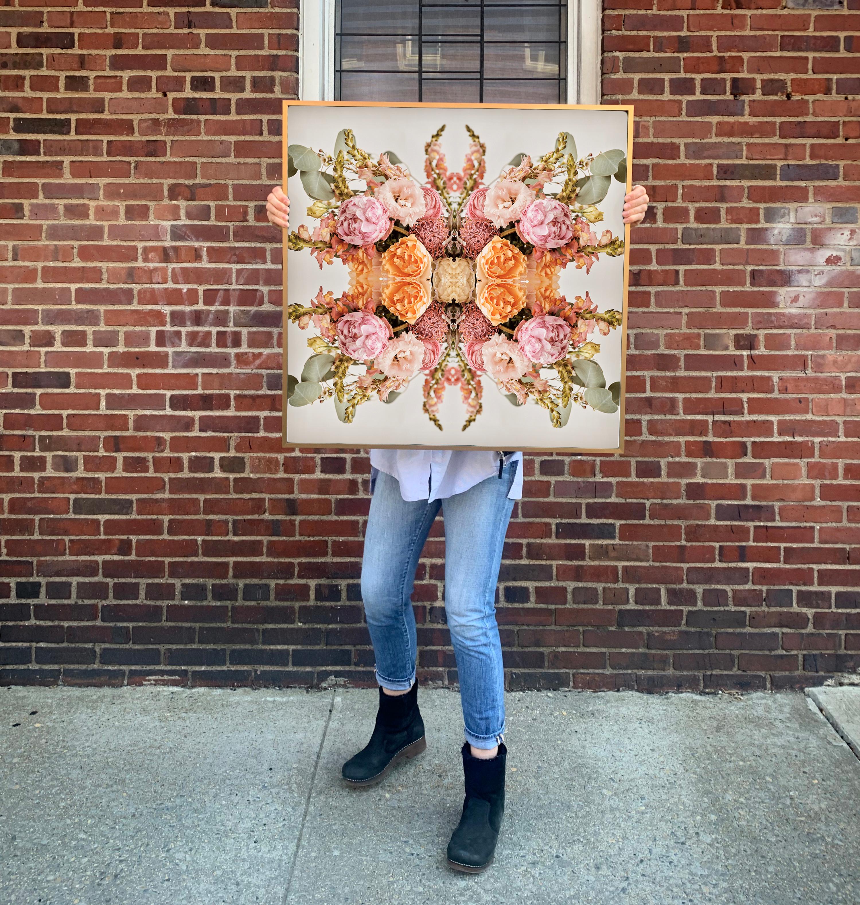 This print features the playful relationship between natural forms and botanicals. In this image Erin uses the natural composition of the pink, yellow and green flowers, and her own collage work, to create a hypnotic mandala with the floral. Some