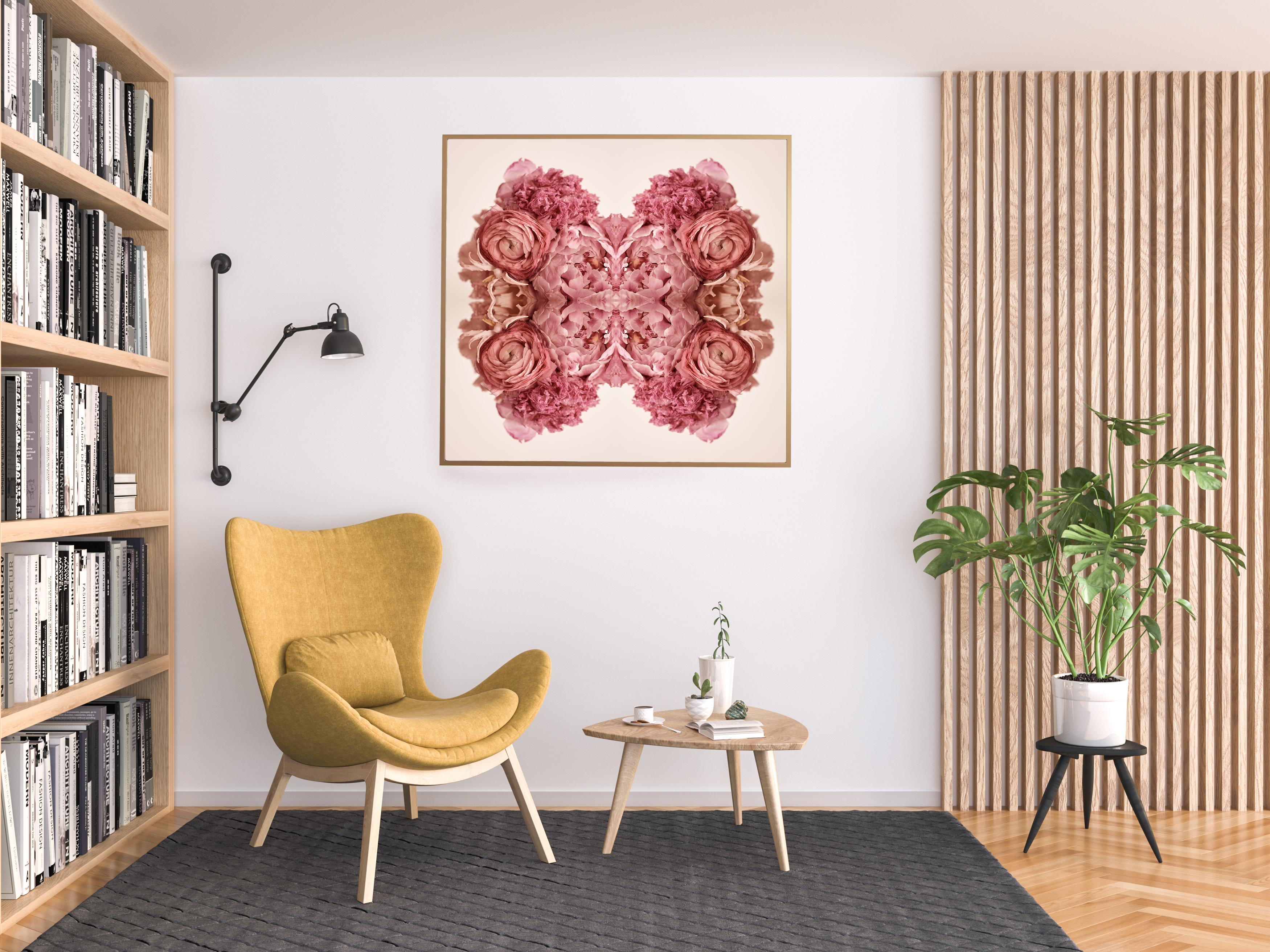 This print features the playful relationship between natural forms and botanicals. In this image Erin uses the natural composition of the pink flowers, and her own collage work, to create a hypnotic mandala with the floral. Some describe it as a