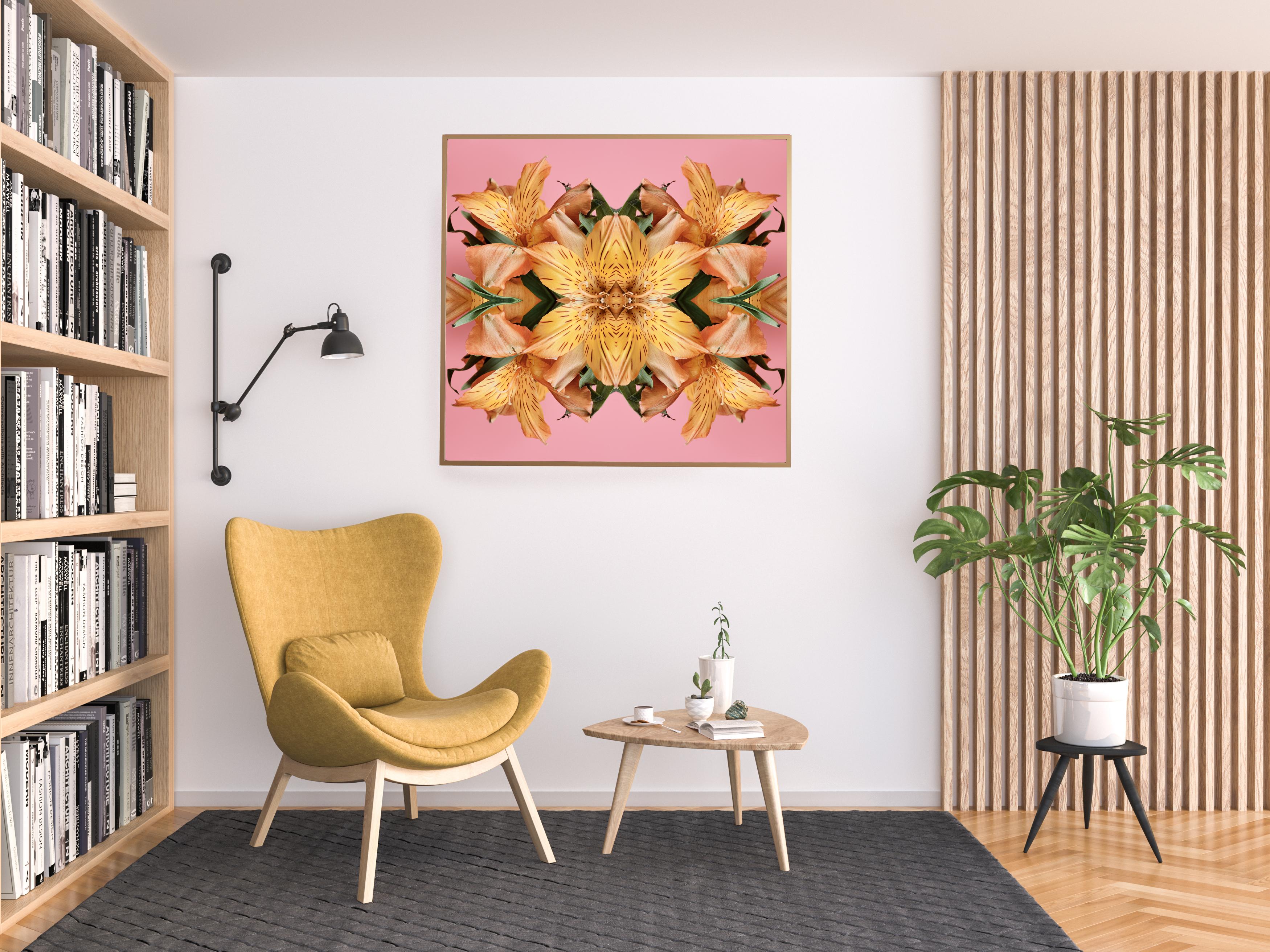 This print features the playful relationship between natural forms and botanicals. In this image Erin uses the natural composition of the orange Alstroemeria (Peruvian Lily), and her own collage work, to create a hypnotic mandala with the floral.