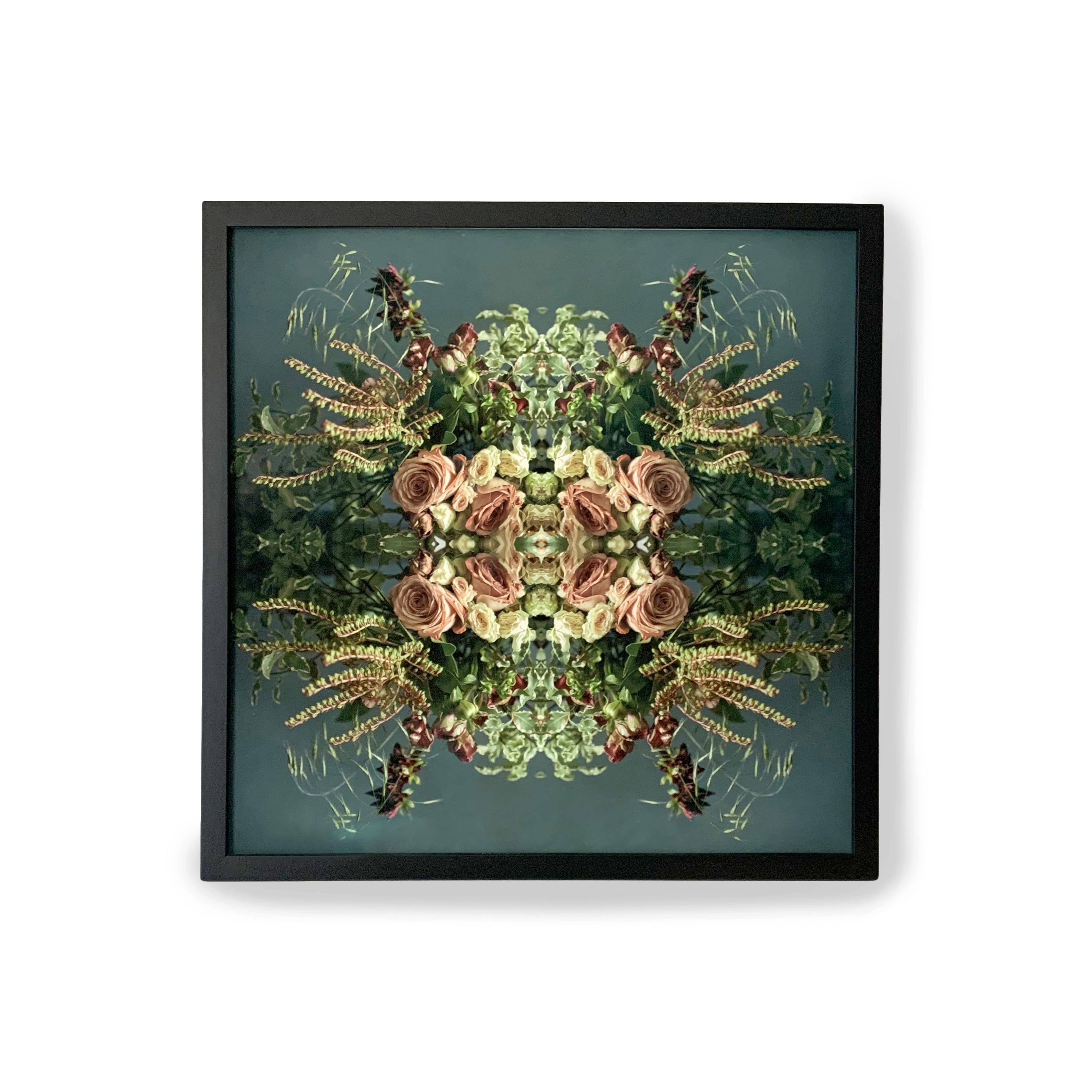 This print features the playful relationship between natural forms and botanicals. In this image Erin uses the natural composition of the pink, purple, green, white and deep red flowers, and her own collage work, to create a hypnotic mandala with
