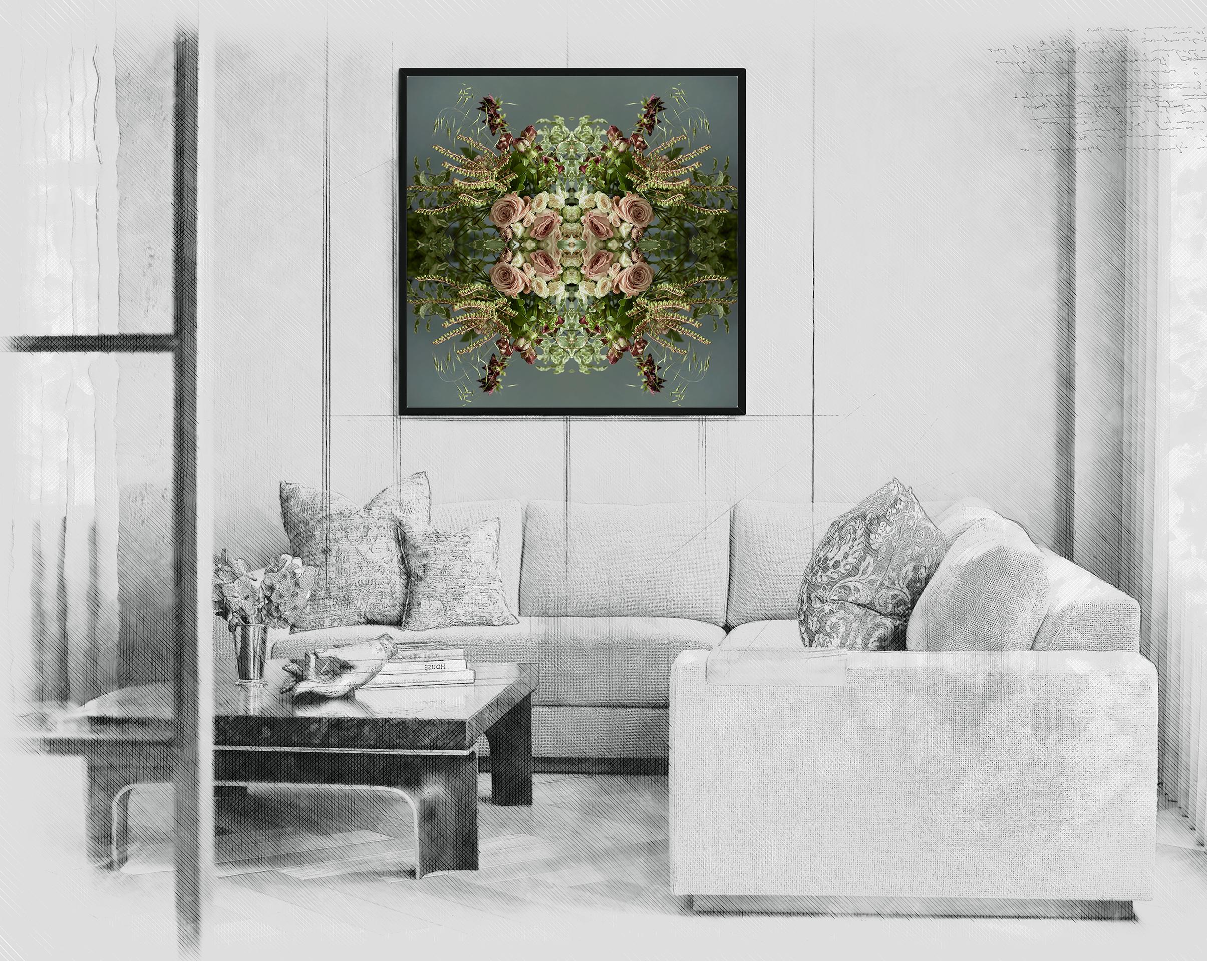 This print features the playful relationship between natural forms and botanicals. In this image Erin uses the natural composition of the pink, purple, green, white and deep red flowers, and her own collage work, to create a hypnotic mandala with